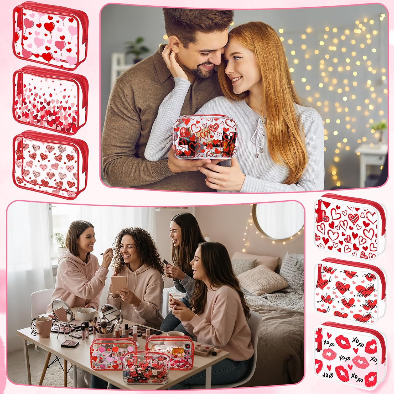 12 Pcs Valentine's Day Makeup Bags Heart Cosmetics Bag PVC Clear Portable Goodie Bags Organizer 7 x 4.3 x 2.4 '' Travel Zippered Toiletry Carry Pouch for Valentine‘S Day Women Gift