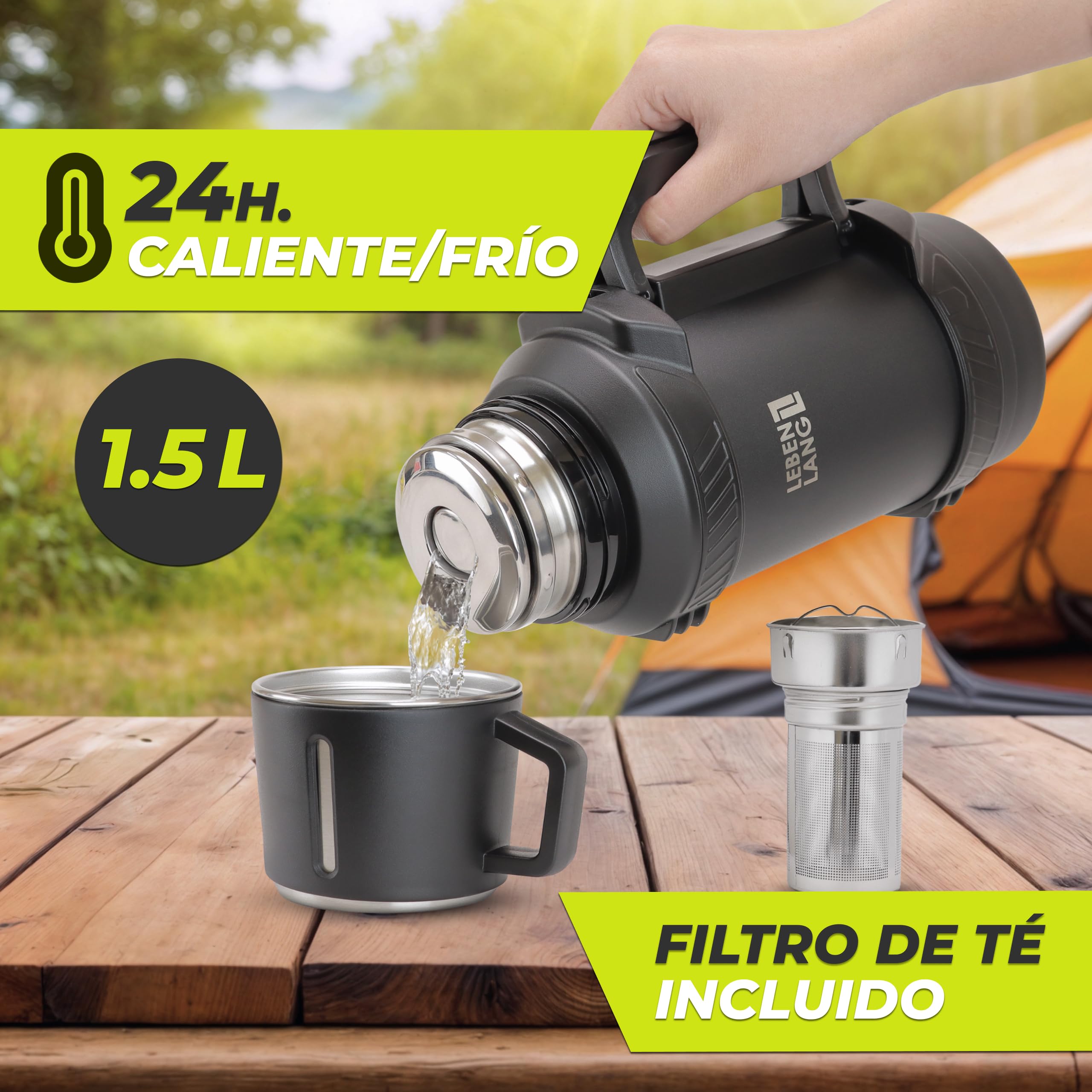 LEBENLANG Termo café de 1,5 litros - 24 horas de calor & Incl. vaso | Termos mate liquidos Botella termica fria 1 5 L montaña para cafe Thermos bottle agua calientes I filtro para té & bandolera