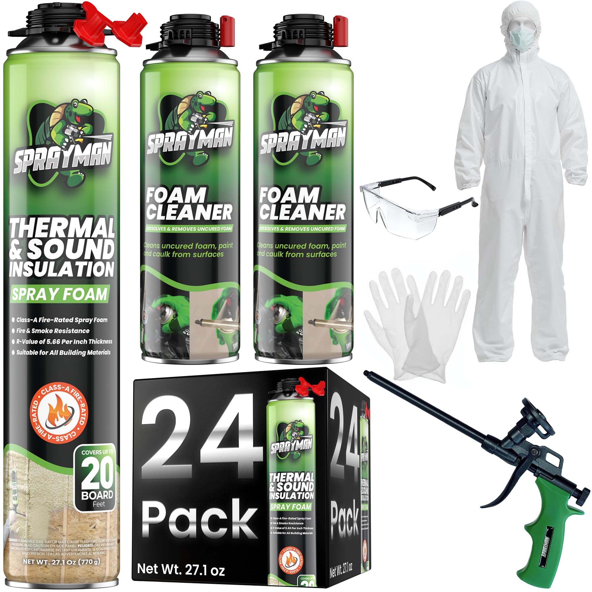 Sprayman Spray Foam Insulation Kit (480 Sq.Ft.) - Closed Cell Polyurethane Expanding Foam Sealant, Thermal & Acoustic Protection for Wall and Attic - Gun & Cleaner Included, 27.1 oz, 24 Pack