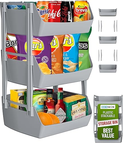 Skywin Contenedores apilables de plástico de 3 niveles de 11.4 x 11 x 19.7 pulgadas con soportes para protección adicional, para almacenamiento de