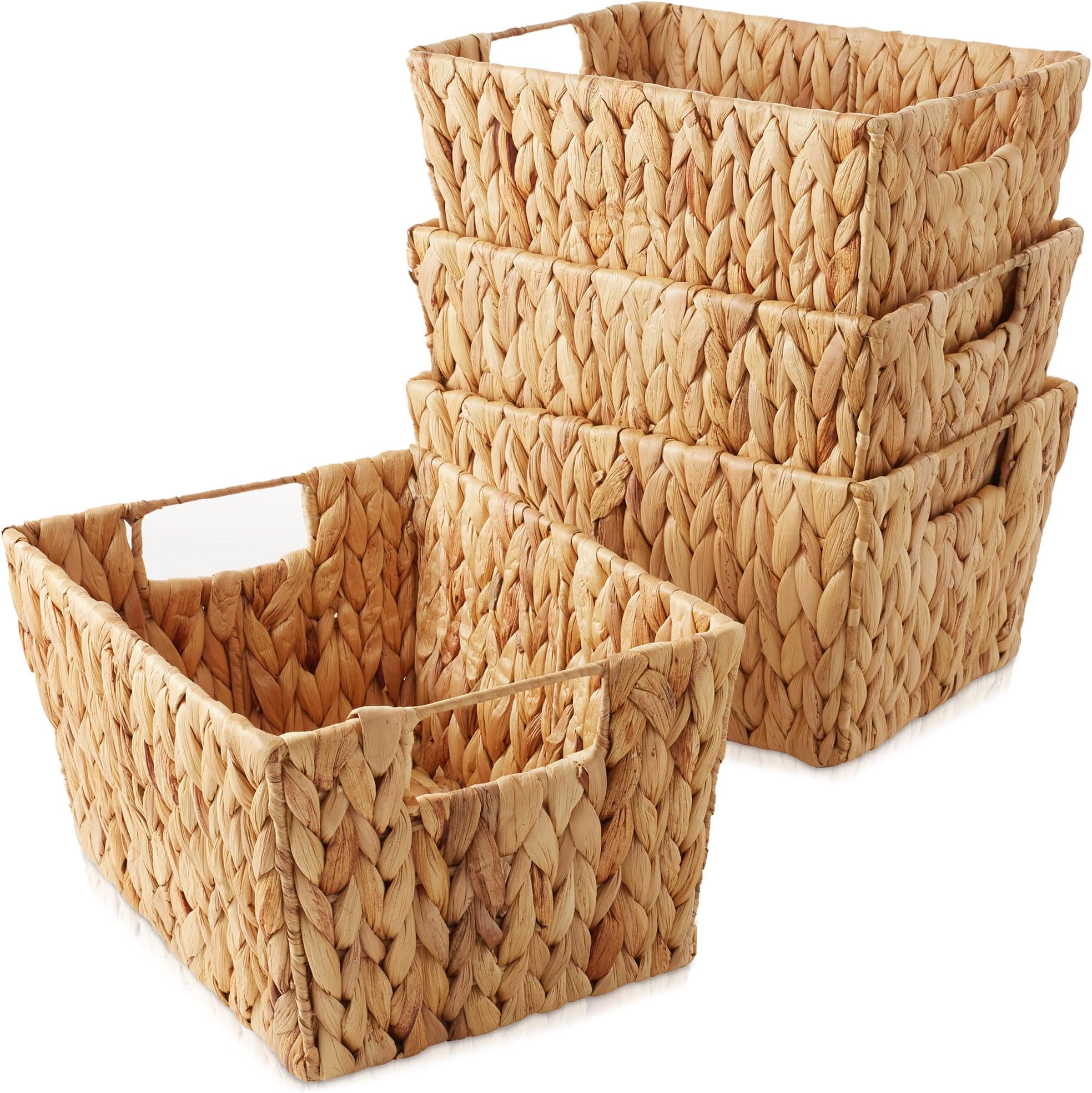 Casafield Set of 4 Water Hyacinth Storage Baskets with Handles - Natural, Woven Storage Bins for Shelves, Blankets, Laundry Organization
