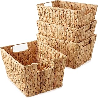 Casafield Set of 4 Water Hyacinth Storage Baskets with Handles - Natural...