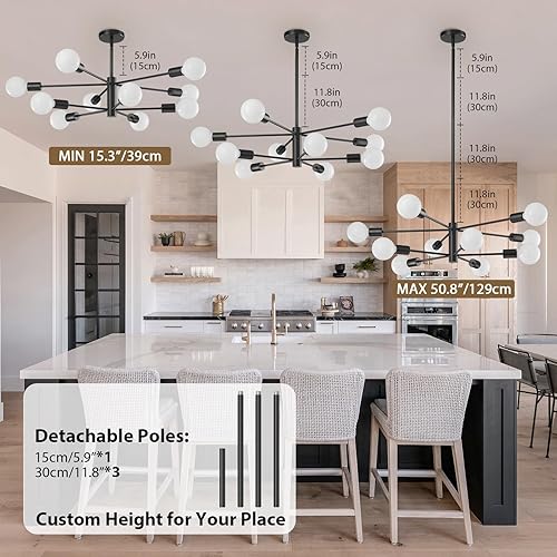 Miniatura 2 de KAISITE Lámpara de techo moderna Sputnik, lámpara de araña negra de 10 luces para comedor, sobre la mesa, altura ajustable, lámpara colgante de