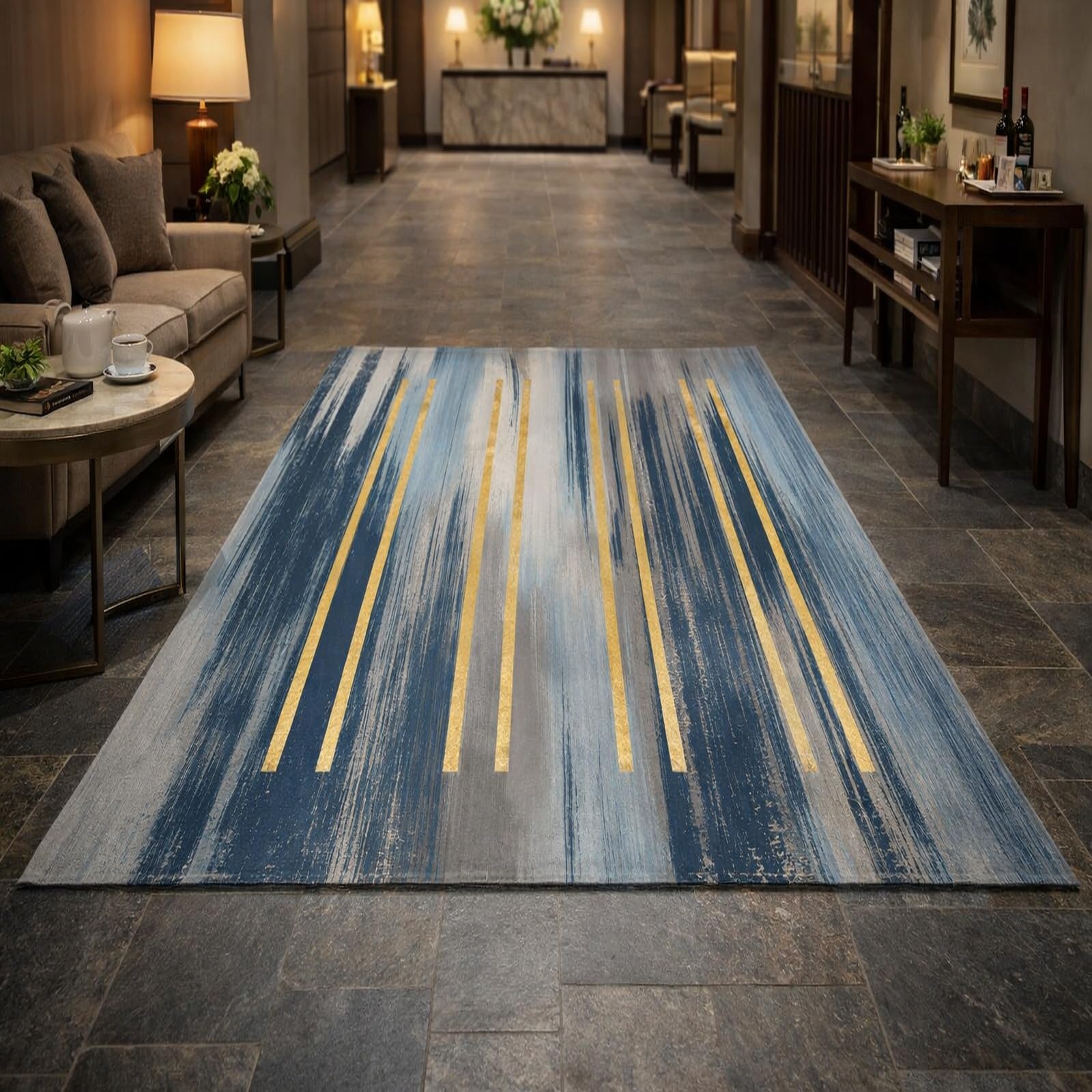 Tapis de salon 180x230cm grand format bleu motif géométrique abstrait poil ras