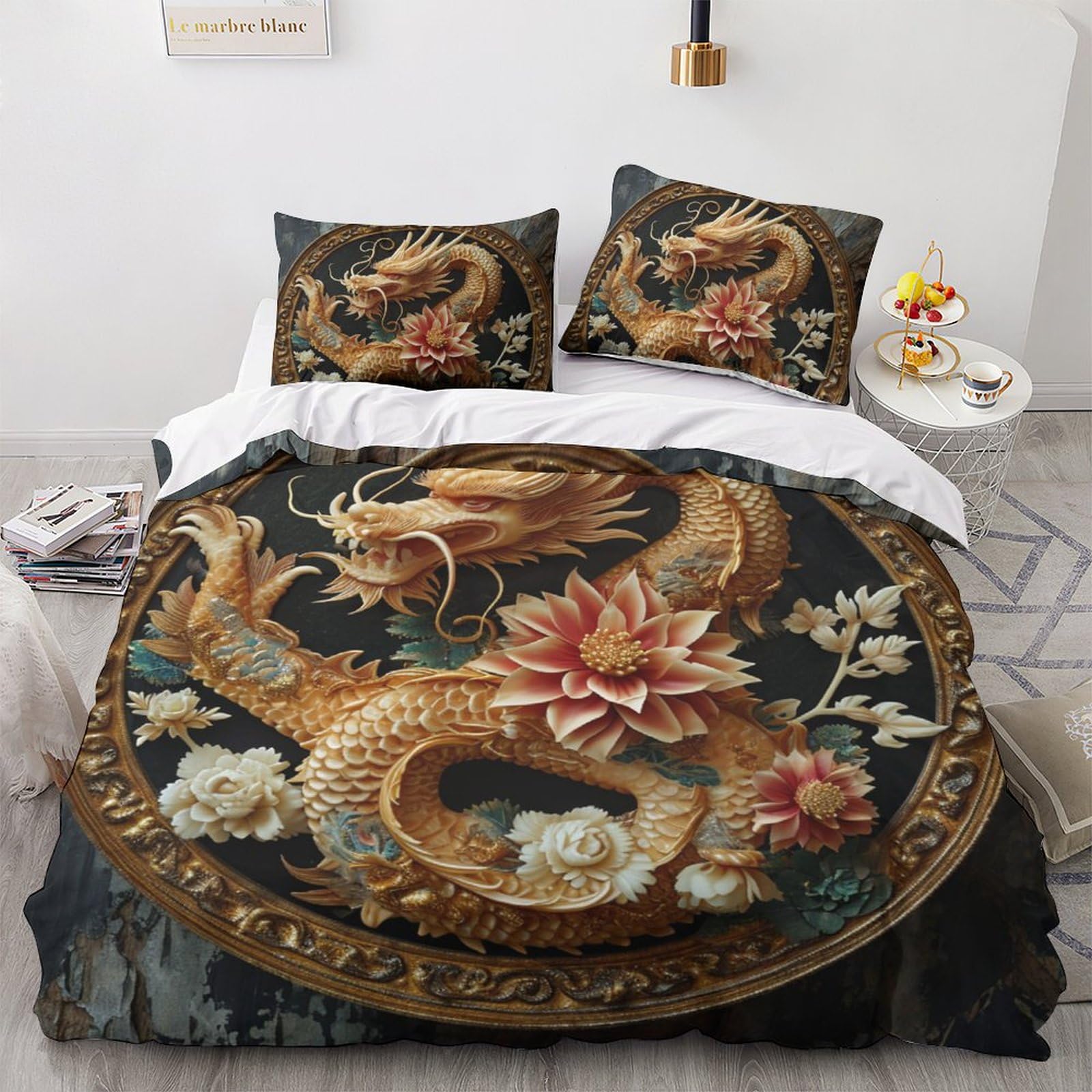 Housse de couette dragon chinois 220x240 cm avec ses deux taies d'oreiller pour lit King size