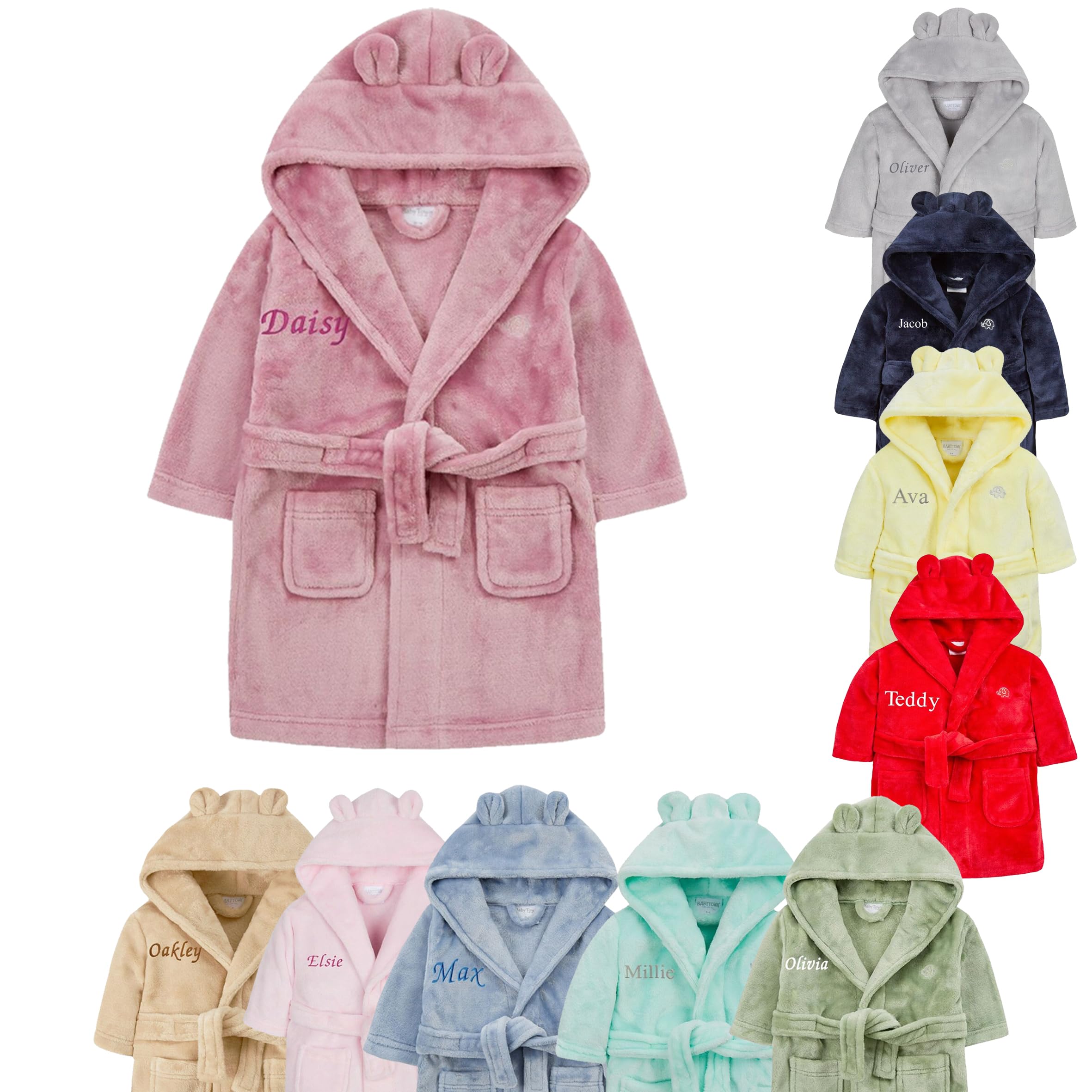 Baby Girl Boy Personalised Dressing Gown Bathrobe Hooded Bear Ear (Dusky Pink Bear Ear, 0-6 Months)