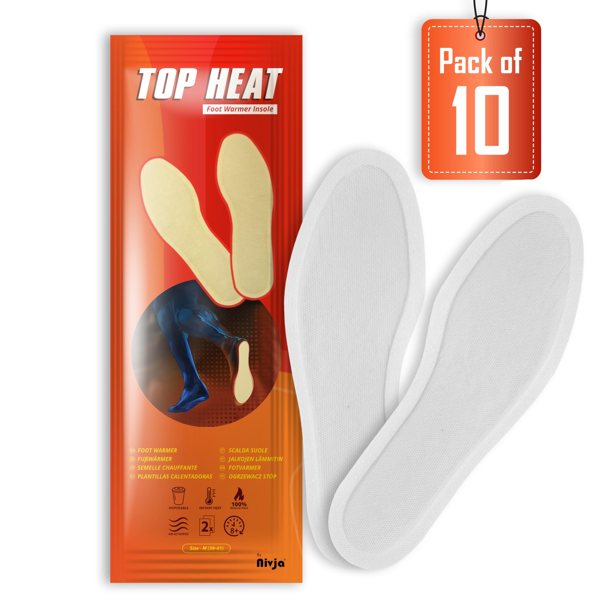 Top Heat Foot Warmers – 10 Pairs - 8 Hours Warm Foot - Air Activated - Instant - 100% Natural Heat - Medium (39-41)