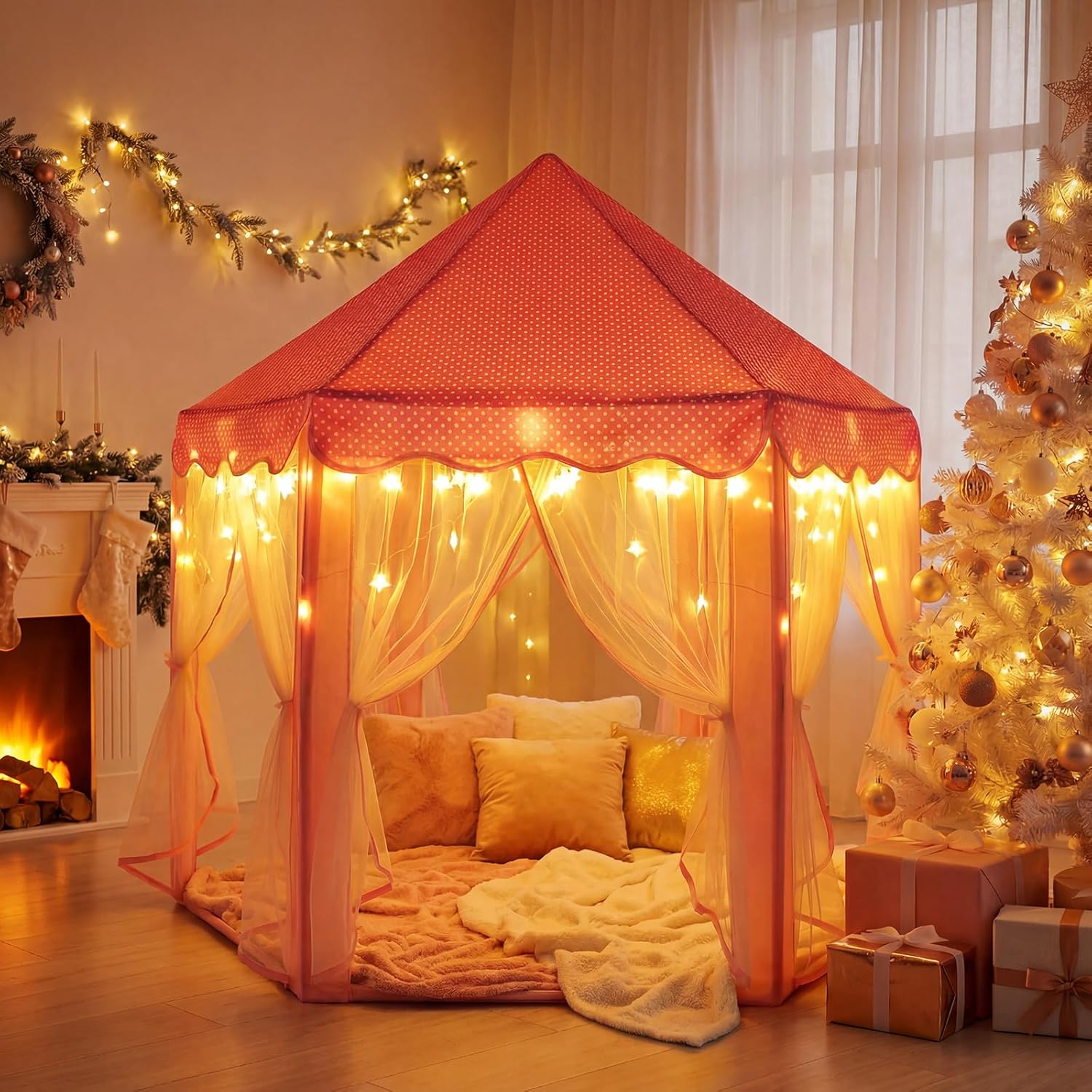 Sumbababy Princess Castle Tent for Girls Fairy Play Tents for Kids Hexagon Playhouse with Fairy Star Lights Toys for Children or Toddlers Indoor or Outdoor Games (Pink) - Image 2