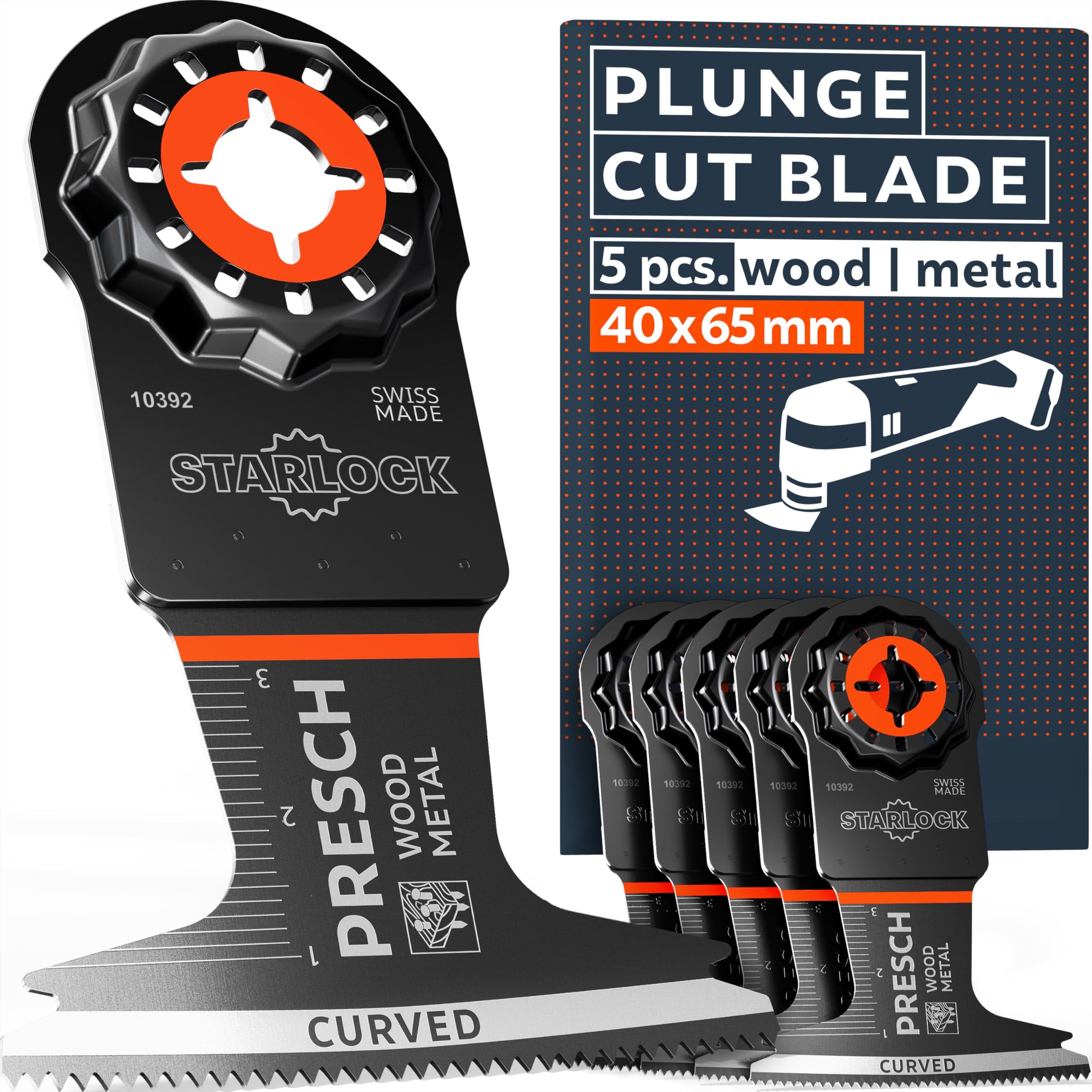 Presch Multitool Blades Wood & Metal 40x65mm 5 pcs., Starlock Multitool blades for tool-free replacement