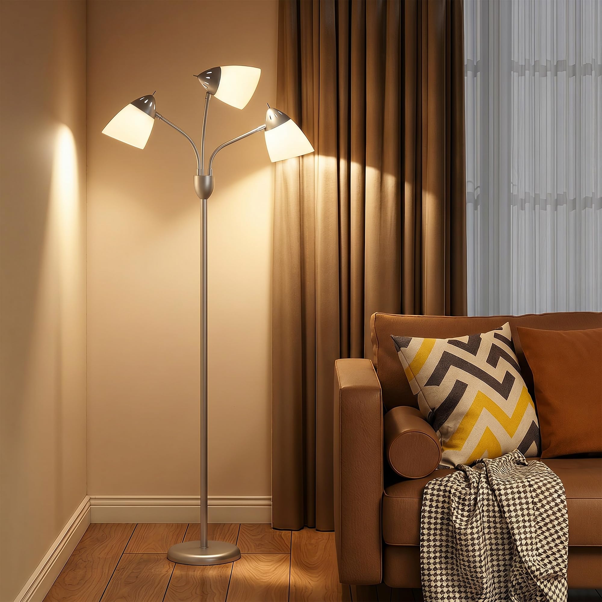Rackhams Light/Silver Tree Floor Lamp With 3 Adjustable Standing Lamp, Tone