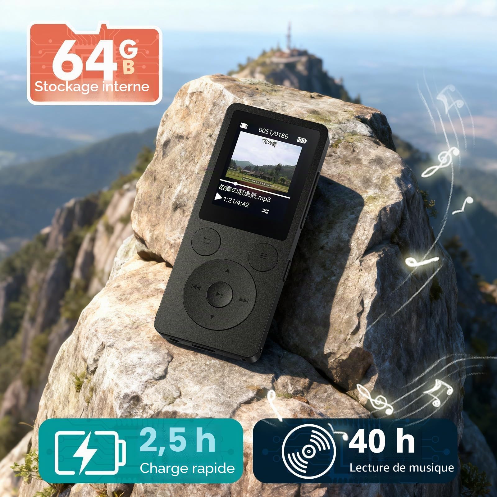 64Go Lecteur MP3 Bluetooth 5.3 – MP4 Haut-Parleur Intégré, Baladeur MP3 avec Touches Physiques (Retour/Menu/Volume), Léger 37g. Radio FM, Enregistreur Vocal, Design Mini, Son HiFi, Jusqu‘à 128Go