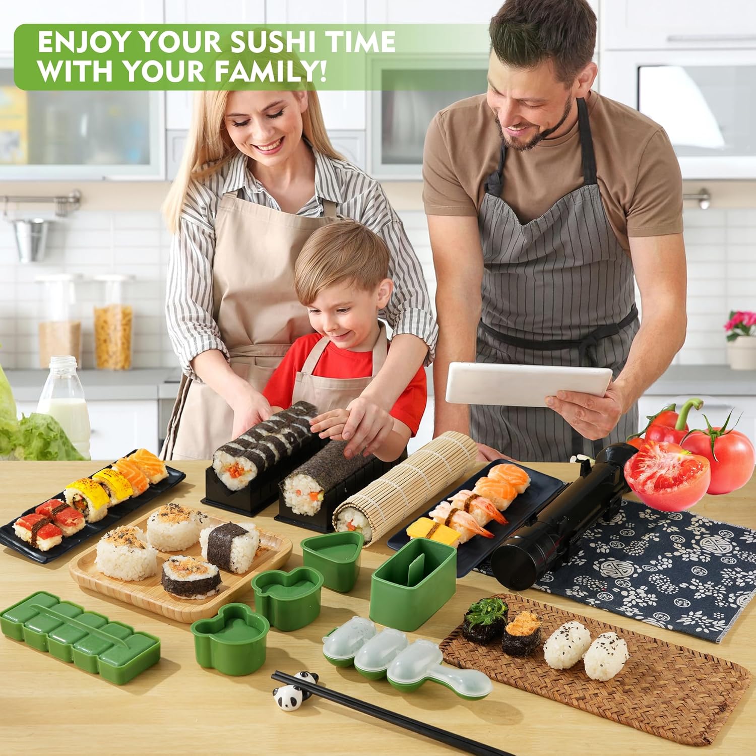 Sushi Maker Kit – 43-Piece Complete Set with Bazooka Roller, Onigiri Shaper, Nigiri Mold, Bamboo Rolling Mat & Tools | DIY for Beginners (Green)