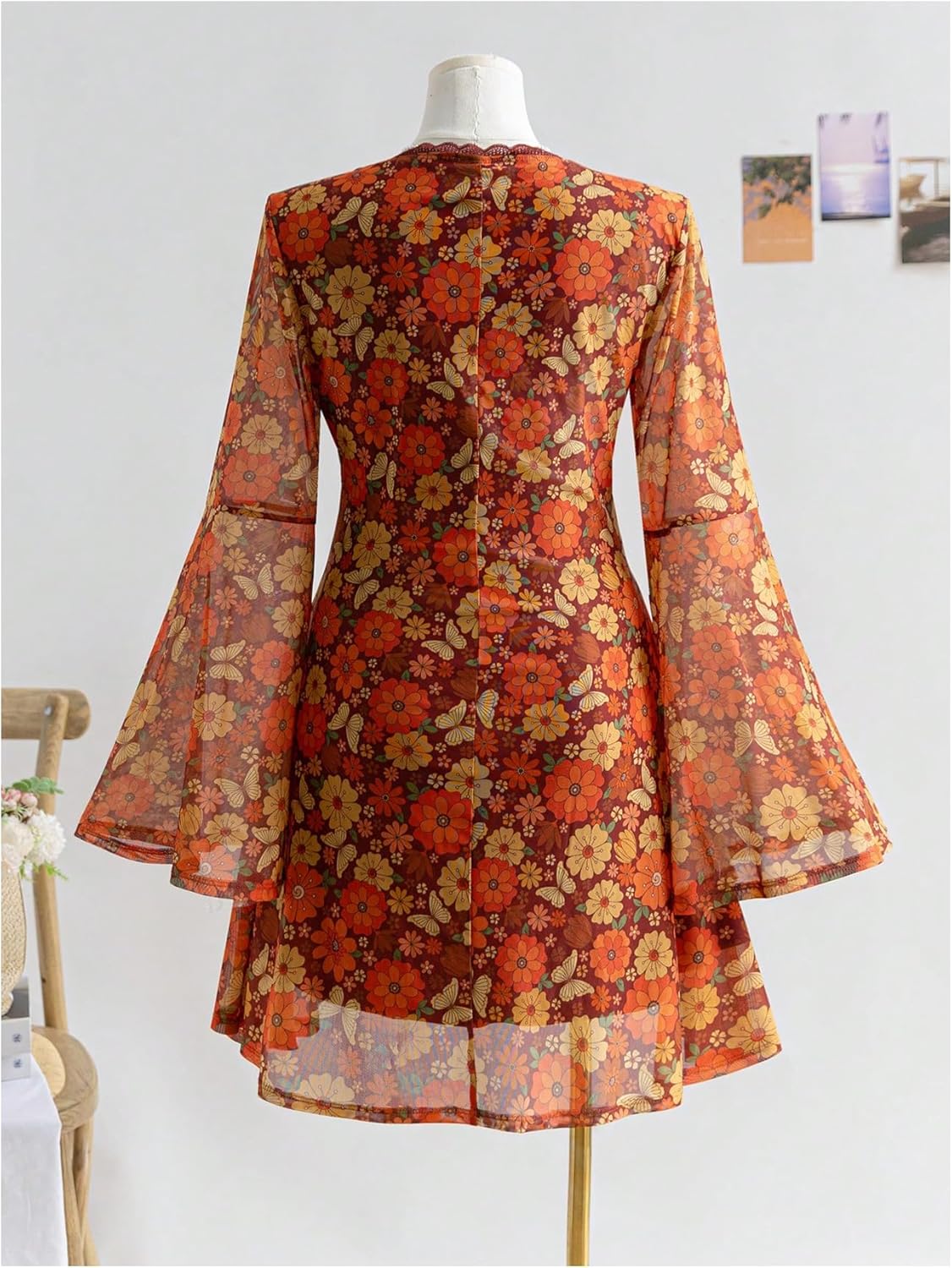 Women's Y2k Plus Size Hippie Vintage Boho Dress Leopard Bell Long Sleeve V Neck Bow Mesh Goth Mini Dresses - Image 3