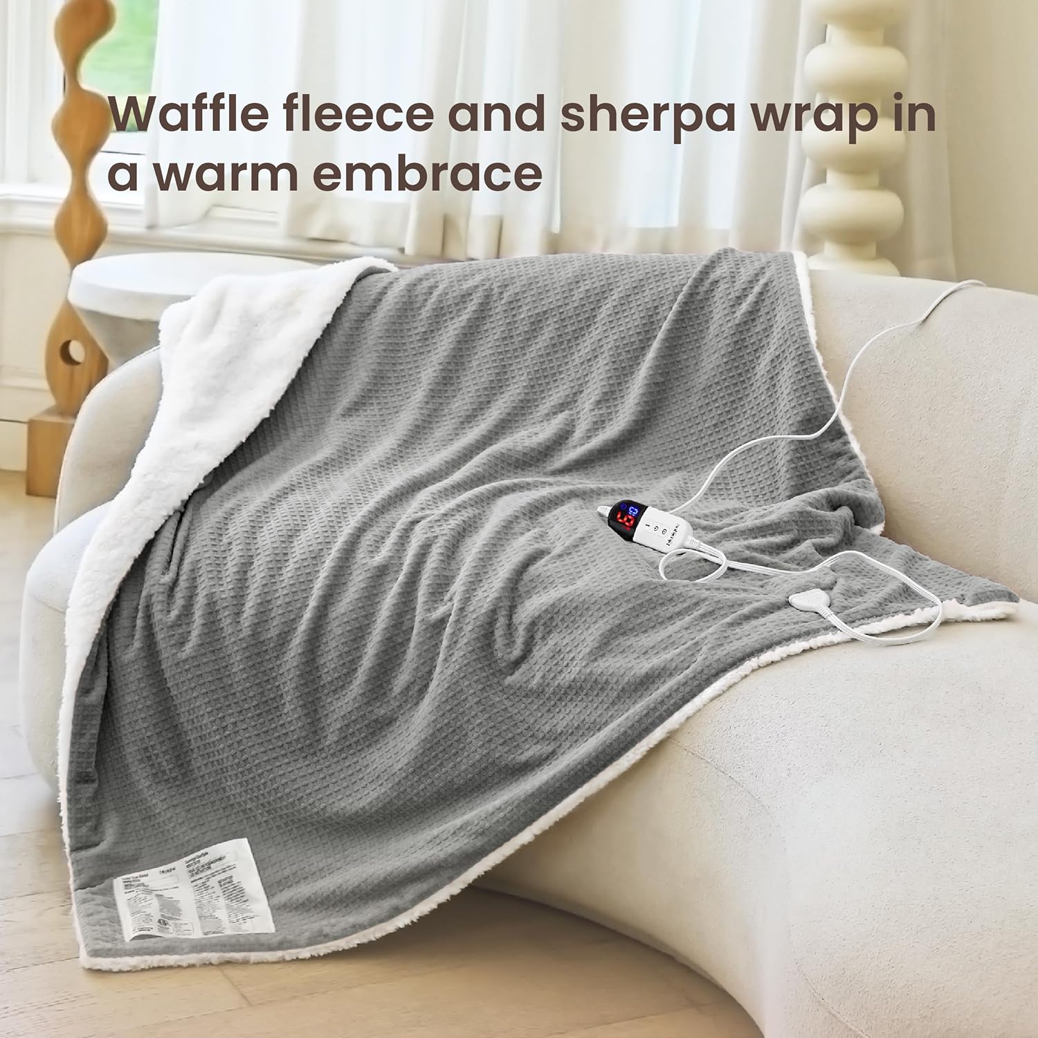 Heated Blanket Electric Blanket Twin Waffle, 62x84 Inches Sherpa Fleece Fast Heating Blanket 6 Heating Levels & 10 Hours Auto Off ETL Certification, Grey Twin - Image 2
