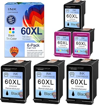 Amazon.com: Cartucho de tinta compatible con 60XL remanufacturado CC641WN  CC644WN CC644WN para HP Envy 120 111 114 DeskJet D2560 F4280 F4435  Photosmart C4680 C4740 (2 tricolor y 4 negro) : Productos de Oficina