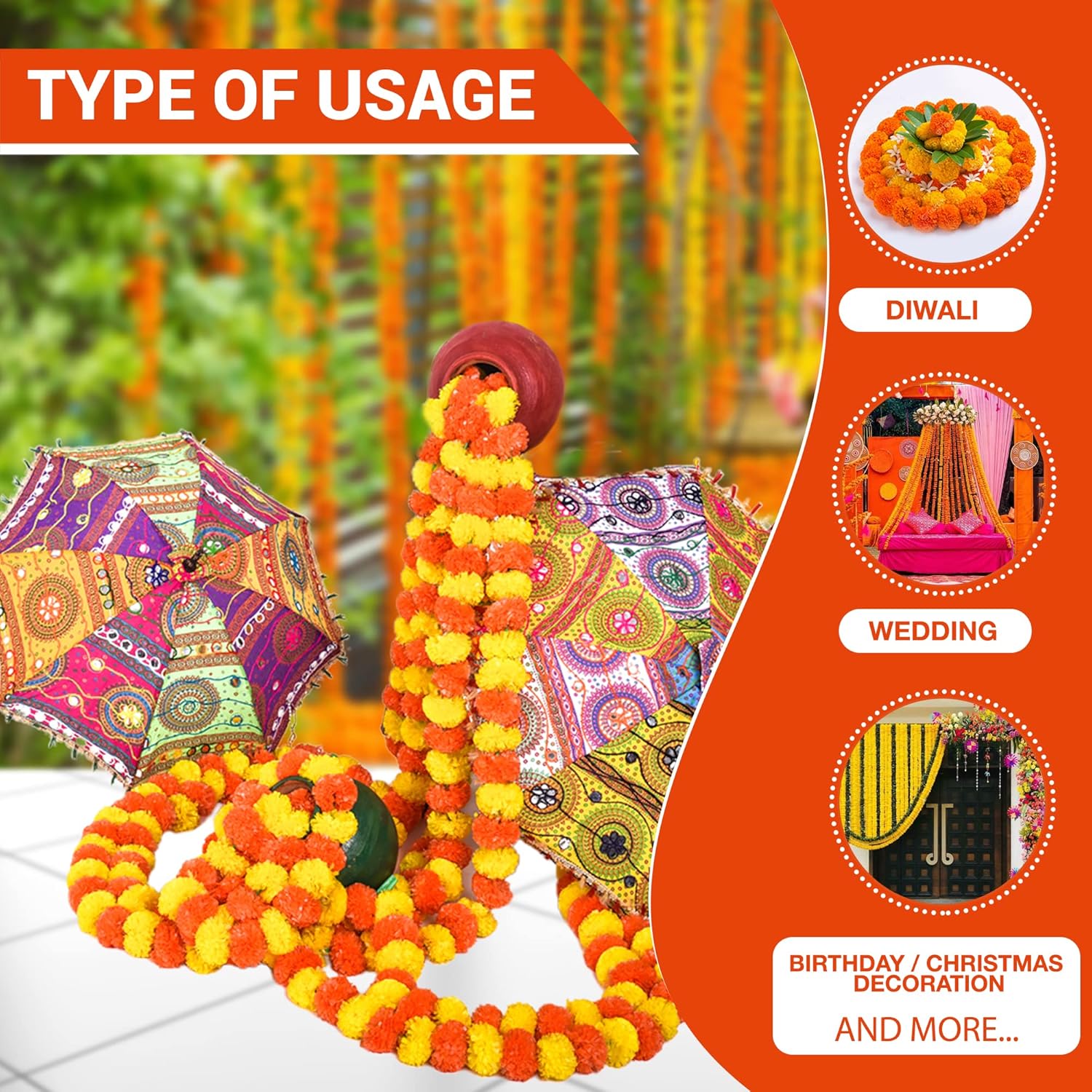 DIYANA IMPEX Marigold Garland for Decoration 5 Pcs of 5 feet Long Strands Artificial Marigold Flowers, Indian Décor for Pooja, Wedding Christmas, Events Decorations