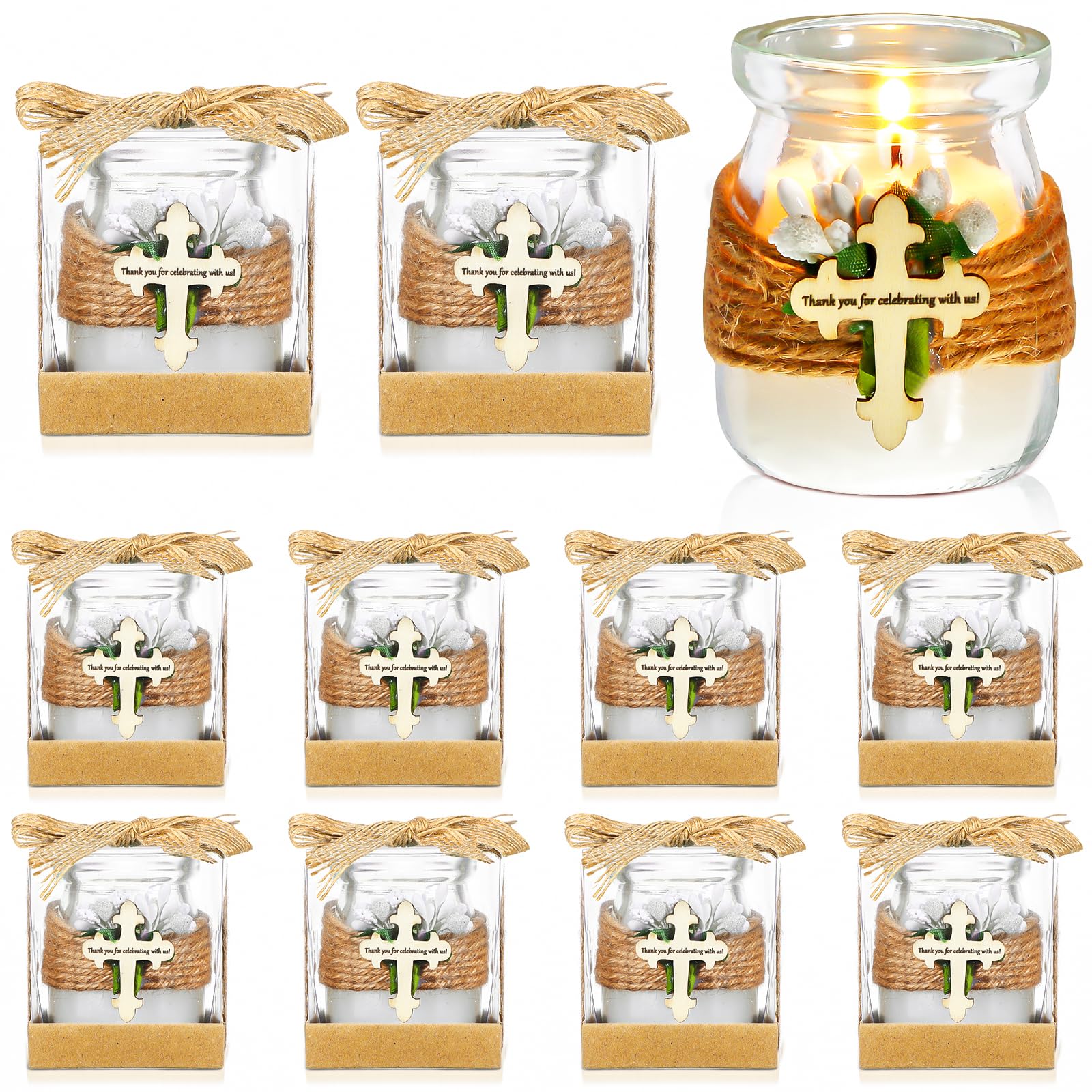 Hoolerry 12 Pack Glass Candle Jars Boys and Girls First Communion Gifts Baptism Candle Baptism Favors for Guests Tealight Candle Holder for Baby Shower Party Christening Gifts (Cross, White)