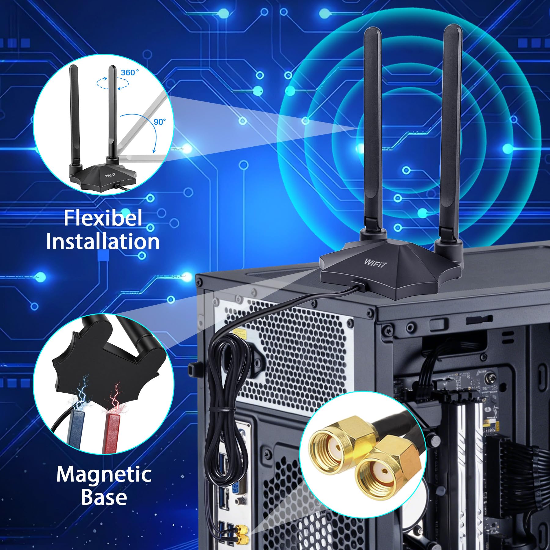 Antenne WiFi 7 - Base magnétique - 9 dBi - Antenne WLAN avec fiche mâle RP-SMA pour routeur WiFi 7/6E - Ordinateur de bureau - Carte PCI-E Asus Gigabyte - Carte mère de jeu