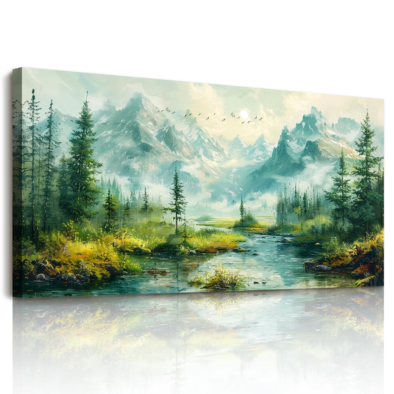 Canvas Wall Art, Large Green Pictures for Landscape, Nature Mountain Painting, Modern Forest Wall Decorations for Office Bedroom Hallway Stairs Living Room Gallery 24"x48"