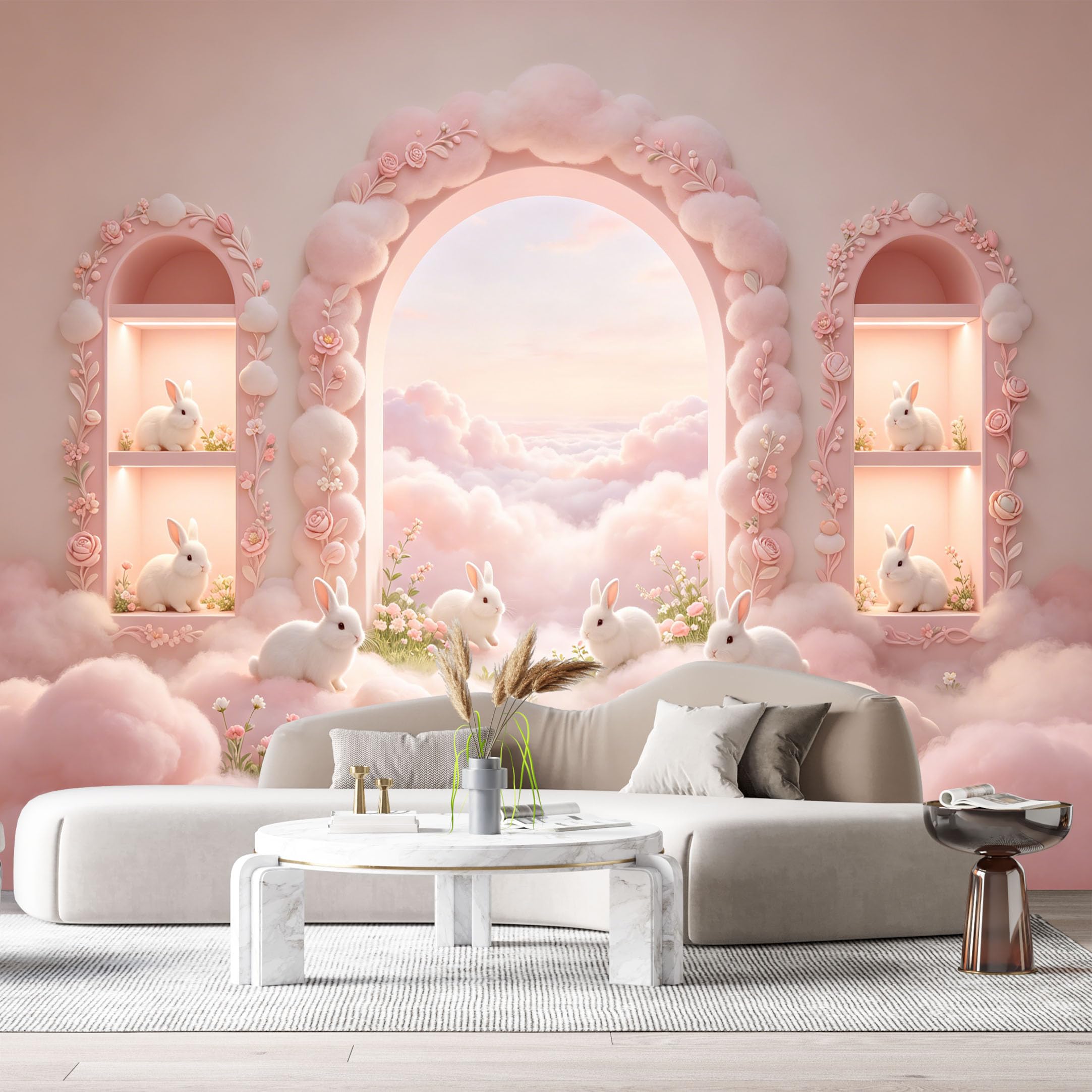Custom Size Wall Murals Pink Cloud Archway Rabbit Minimalist 3D Trompe L'Oeil SelfAdhesiveWall Fabric Removable Wallpaper Wall Decor for Living Room Bedroom Bathroom