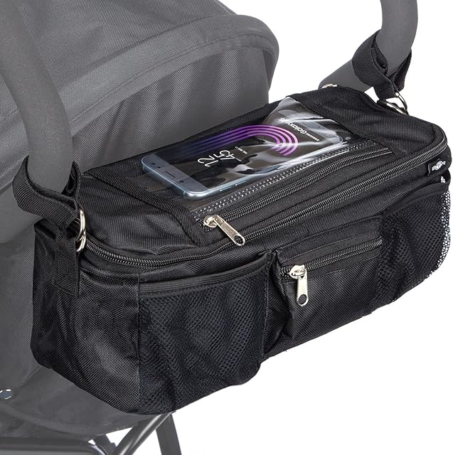 BTR Pram Buggy Organiser Bag & Pram Organiser Bag with Mobile Phone Pocket Holder & Zipped Lid. Plus 2 Pram Hooks. Black Pushchair Organiser