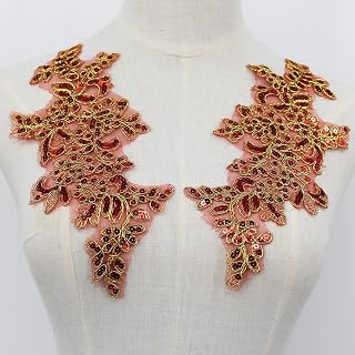Set of 2 Sequin Flower Patches Lace Applique Embroidered Trim Applique Motif Wedding Gown Dress Bridal DIY Crafts(Gold)