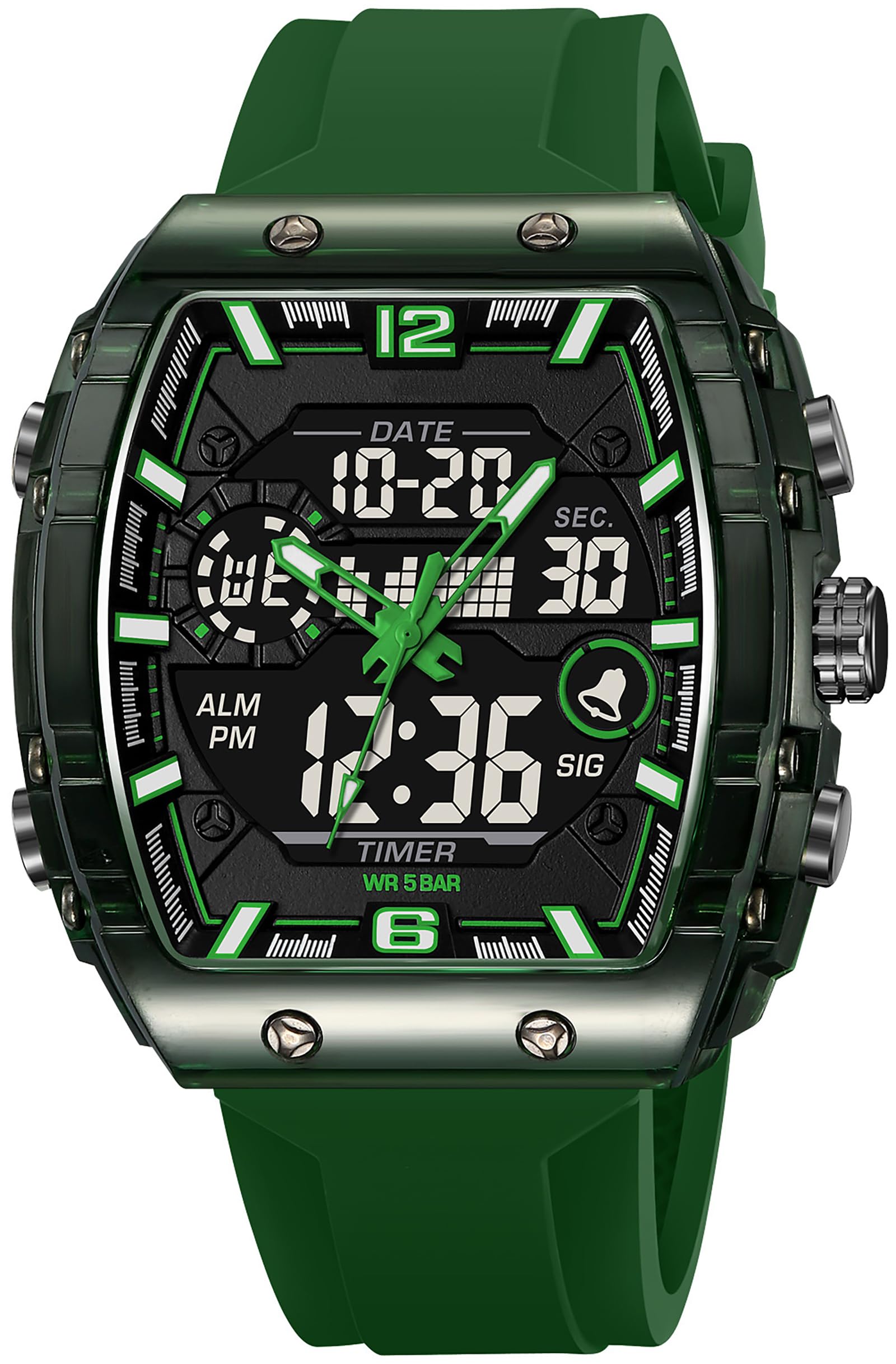 Tonneau - Reloj de pulsera para hombre, diseño elegante, con alarma, LED, hora dual, calendario de 12/24 horas, colorido
