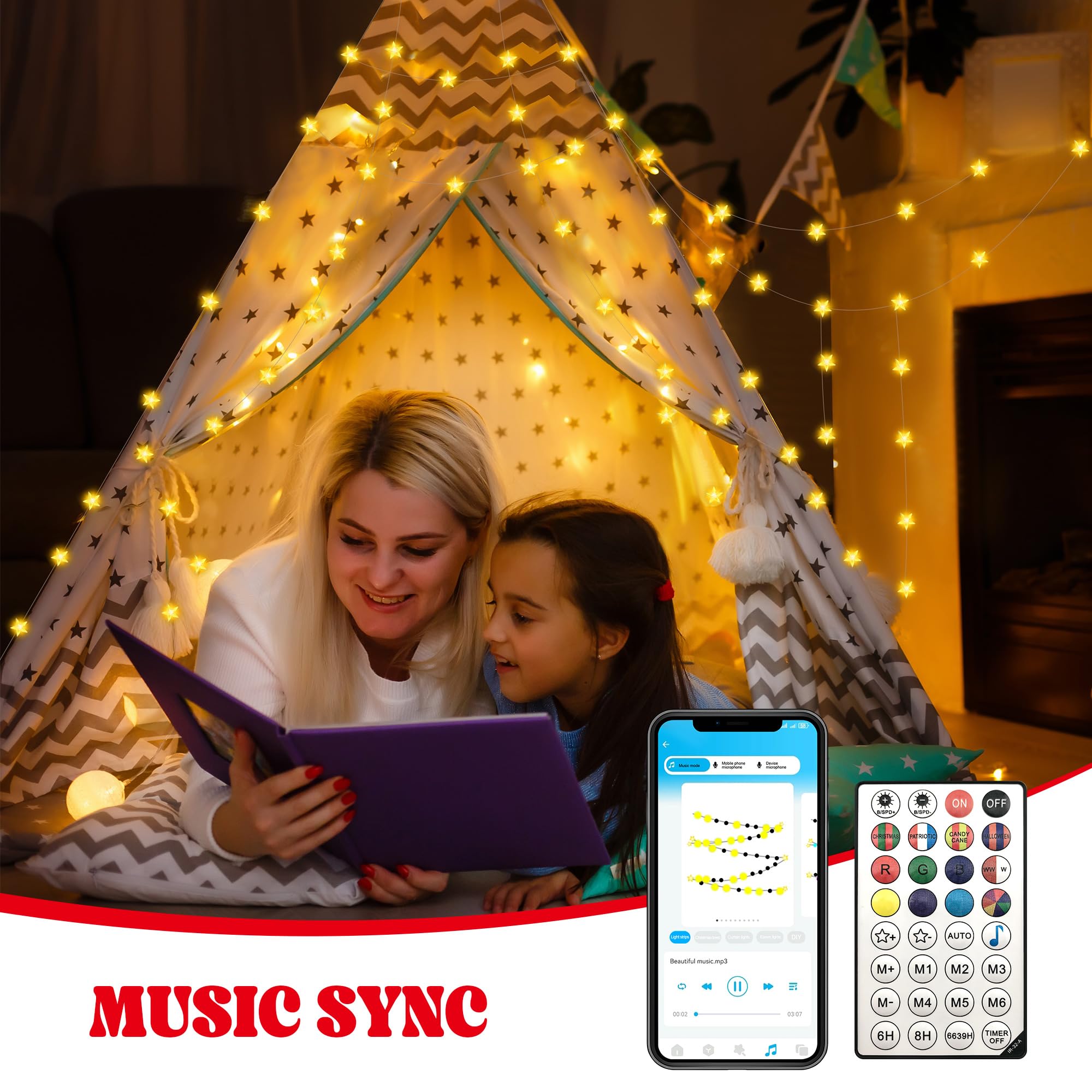 Smart Star - Luces de Navidad para interiores, 33 pies, 80 luces LED USB, aplicación y control remoto, sincronización de música, cadena de luces de estrella para dormitorio