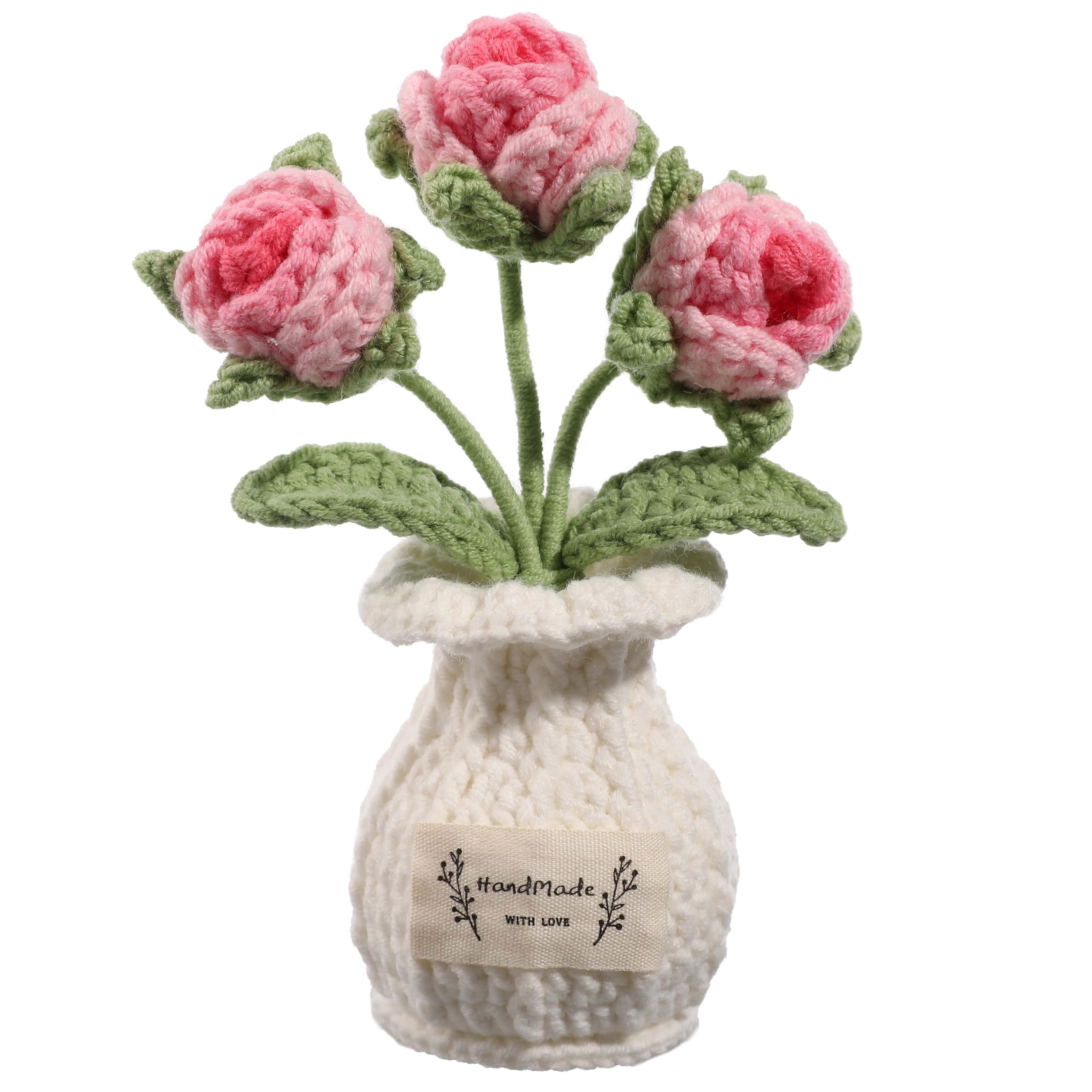 Crochet Rose Flower Potted Plant – Pink, for Her, Handmade Knitted Romantic Desk Decor