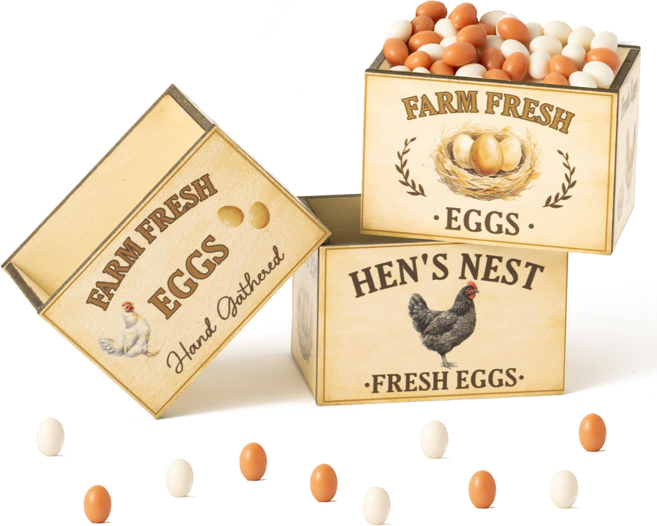 83Pcs Spring Easter Miniature Wooden Crates with Mini Artificial Egg Set, Spring Farm Fresh Tiered Tray Decor Vintage Rustic Miniature Boxes for Easter Farmhouse Accessories Centerpiece Decor