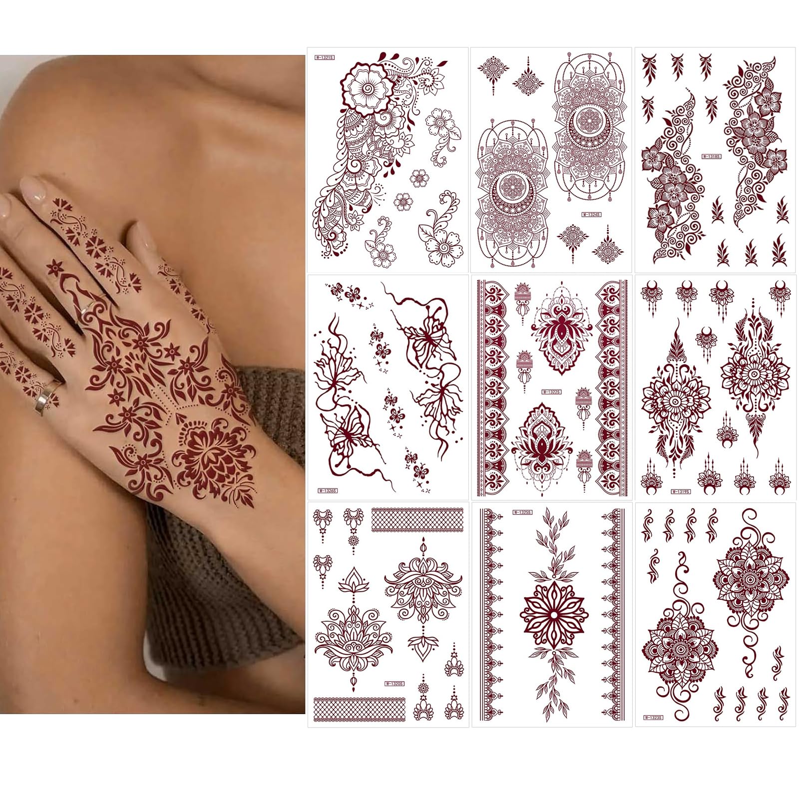 Henna Tattoo Kit, 9 Sheet Temporary Tattoos Stickers - Waterproof