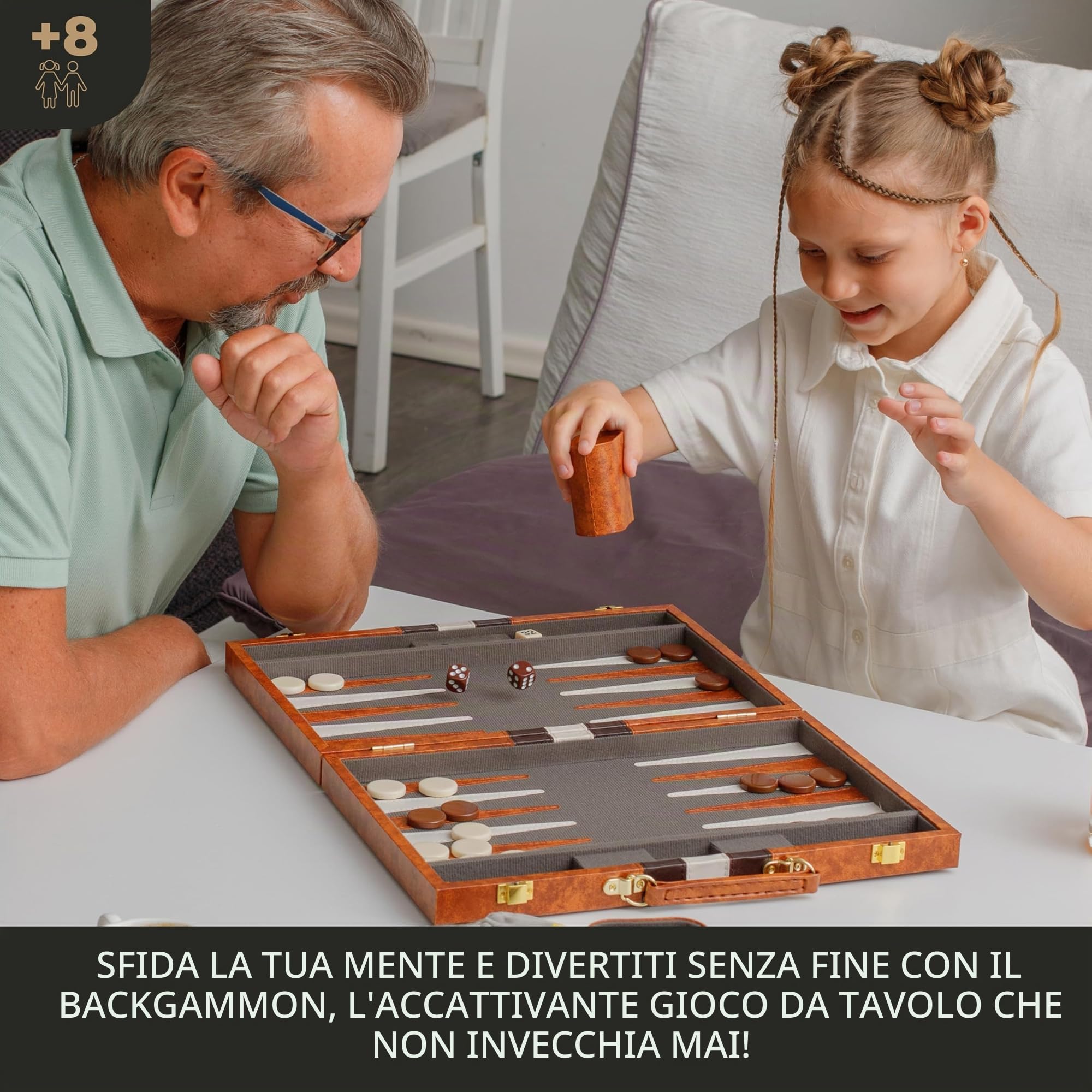 Grande set da backgammon per adulti, giochi da tavolo classici per 2 giocatori, adulti e bambini, set da backgammon di alta qualità con tavola da 38,1 cm e 32 pezzi di backgammon, in custodia in pelle