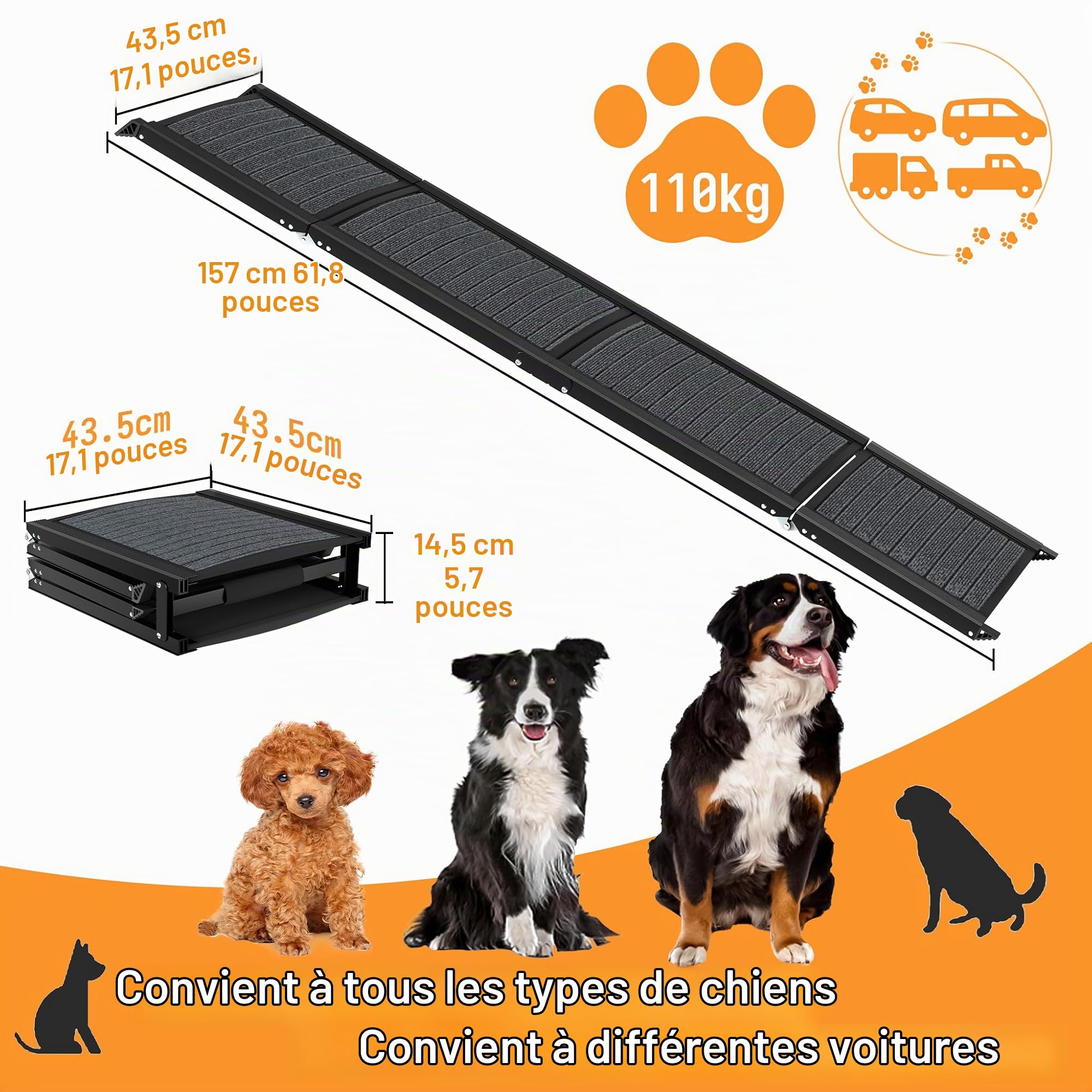 YRHome Rampe pliable pour chien - 157 cm - Avec surface antidérapante et poignée en mousse - Portable - Pour grands chiens jusqu'à 110 kg - Pour camion, SUV, lit mezzanine - Noir