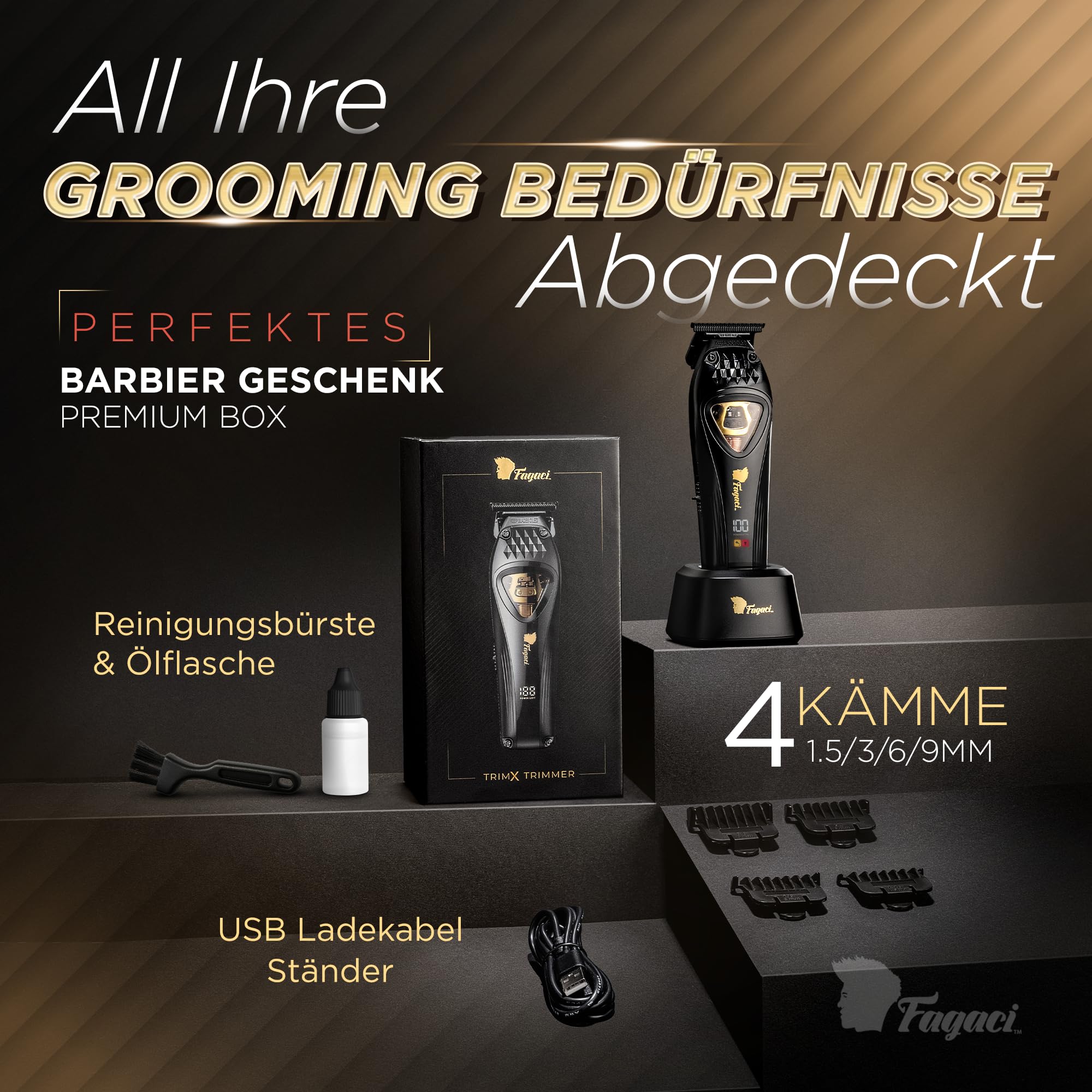 Fagaci Profi Zero Gap Haartrimmer Herren mit DLC Klingen, Hoher Drehmoment Konturen Haarschneidemaschine 0 mm, Haarschneider Herren Akku mit Vector-Motor, Detailer Haar Trimmer & Konturenschneider