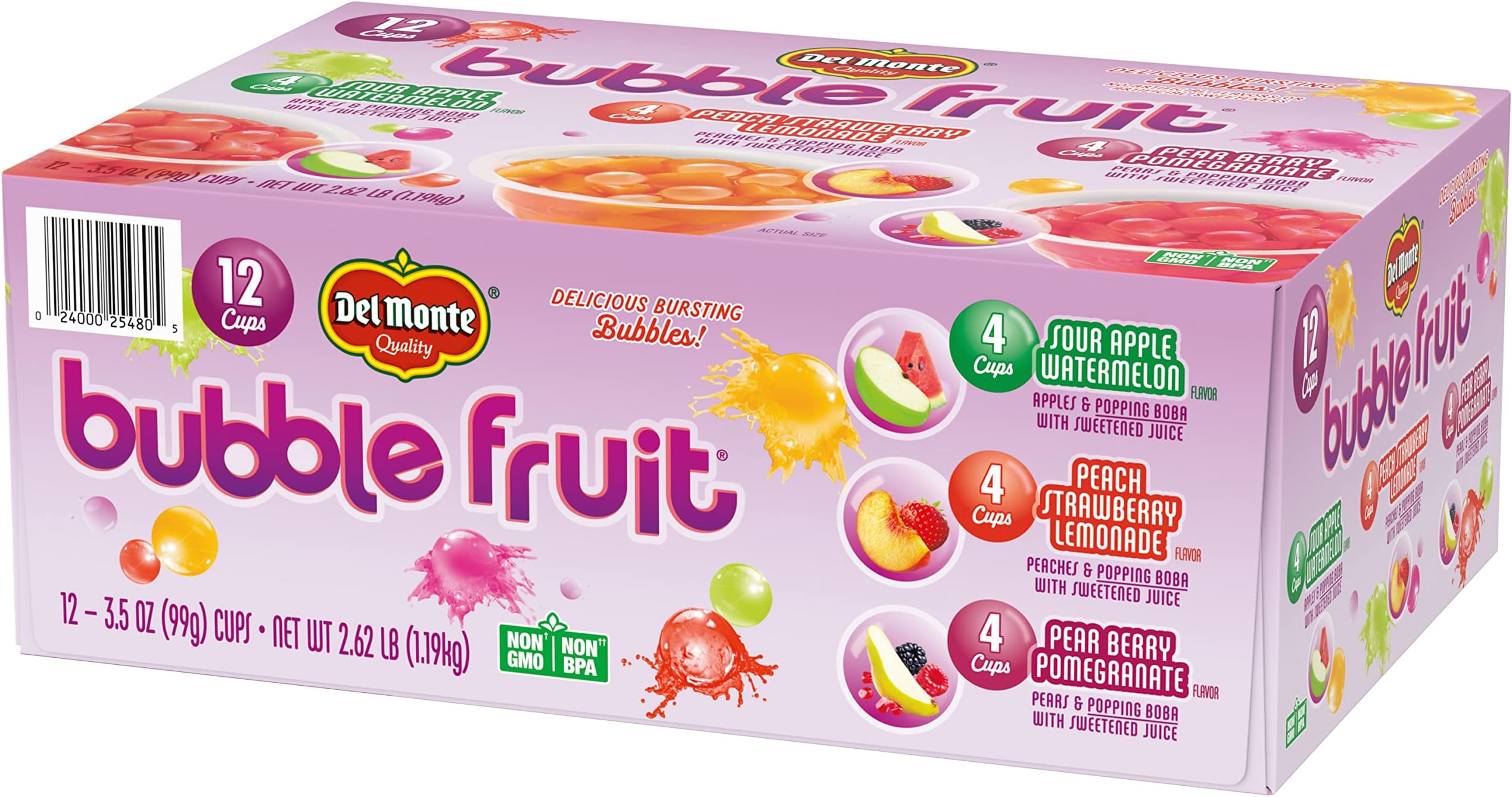 Del Monte Bubble Fruit Snacks Variety Pack, Sour Apple Watermelon, Peach Strawberry Lemonade, Pear Berry Pomegranate, 3.5oz (12 Count) | Popping Boba Pearls, Lunch Snacks, Fruit Cups