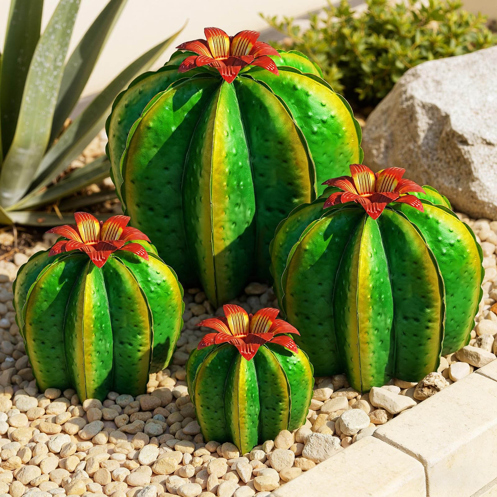 Photo 1 of KODIBO Metal Cactus Yard Art, 4-Pack Artificial Barrel Cactus with Flower