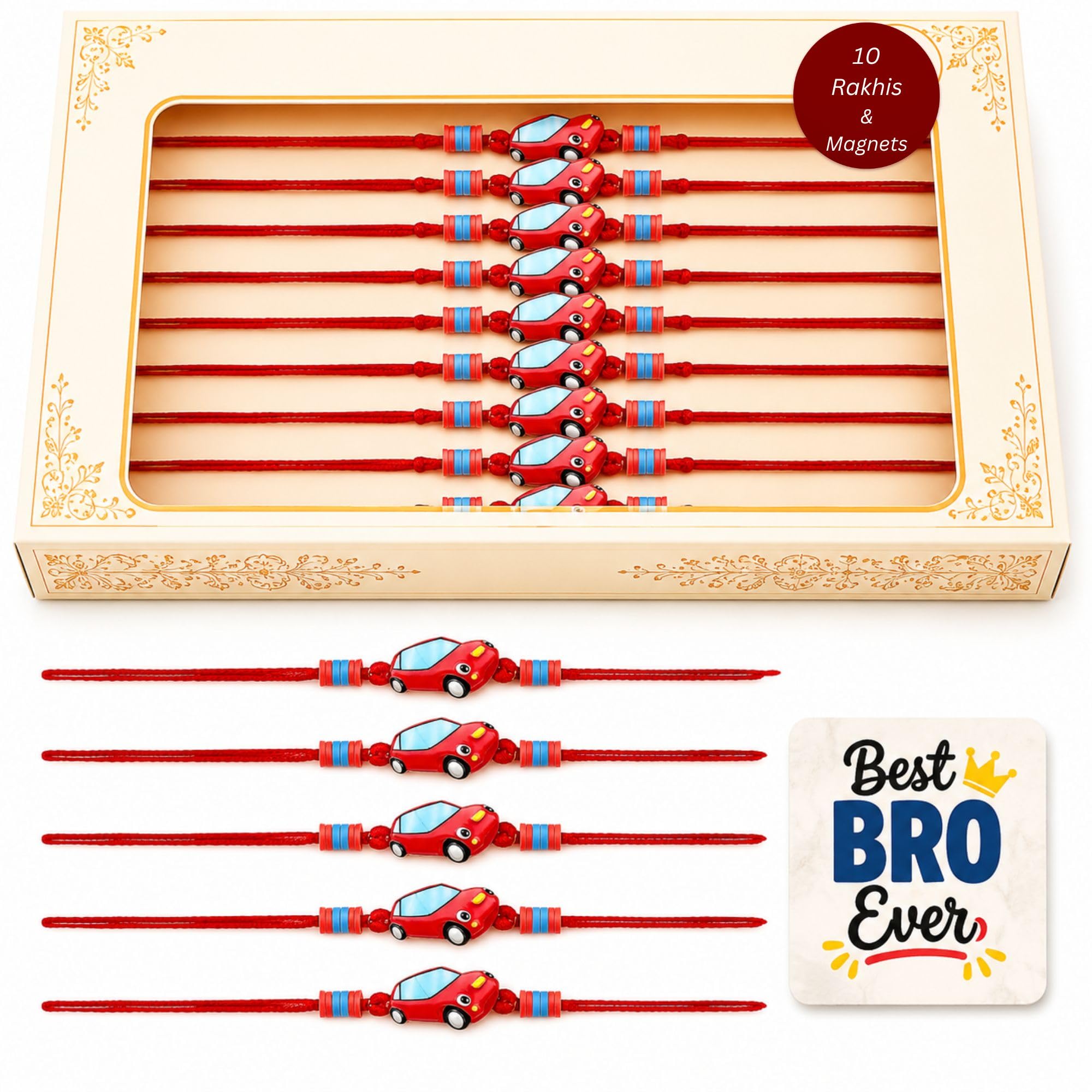 eCraftIndia Pack of 10 Cartoon Car Rakhi for Kids Brother Boys Girls | Designer Raksha Bandhan Rakhi for Bhai Bhaiya | 10 Best Bro Ever Fridge Magnets | Roli Chawal Pack Gift Set