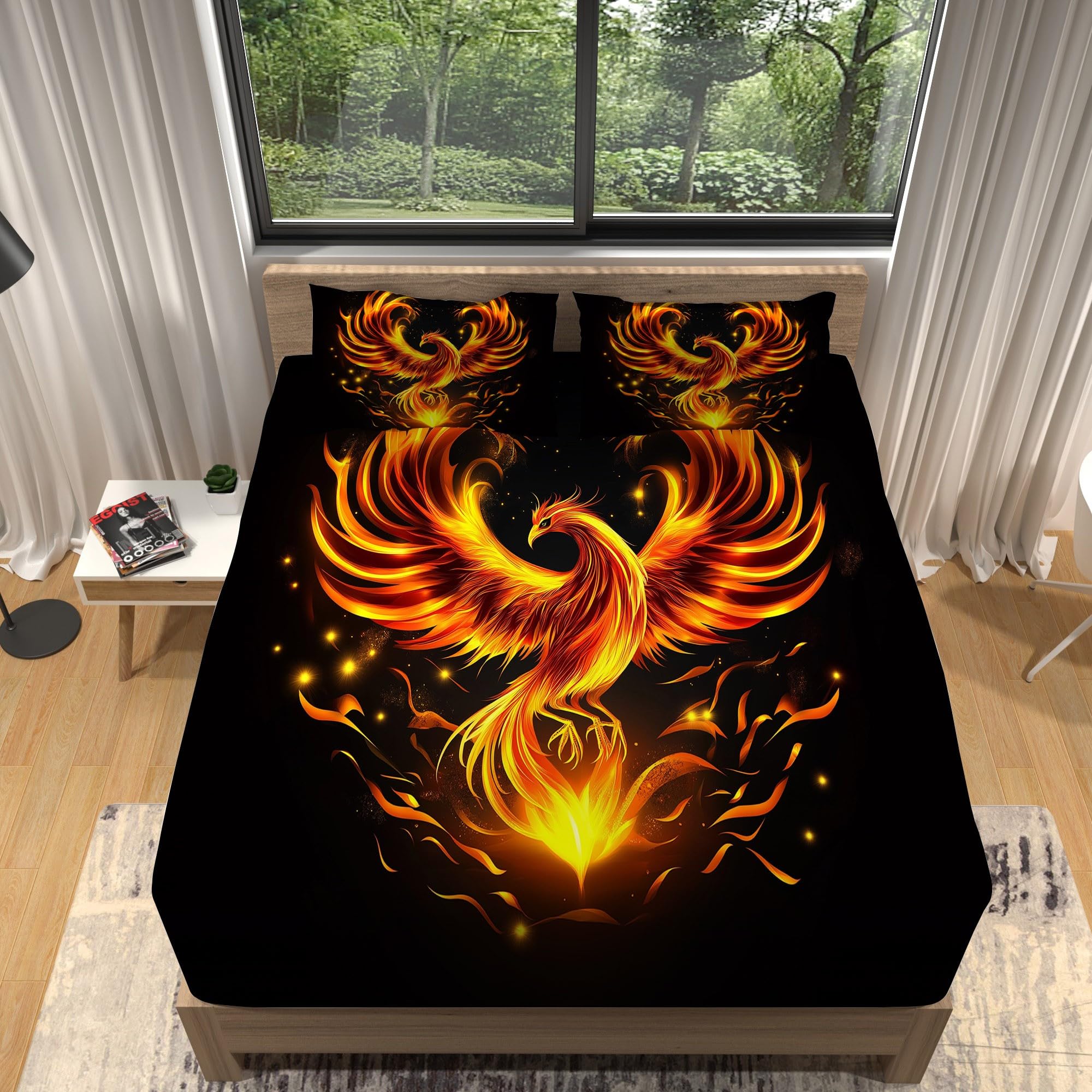 Fitted Sheet Printed Flame Bird Double, Gold Black Microfiber Fitted Sheet Printed Easy to care for bedding Deep pocket 30cm With 2 pillowcases Suitable for children adults