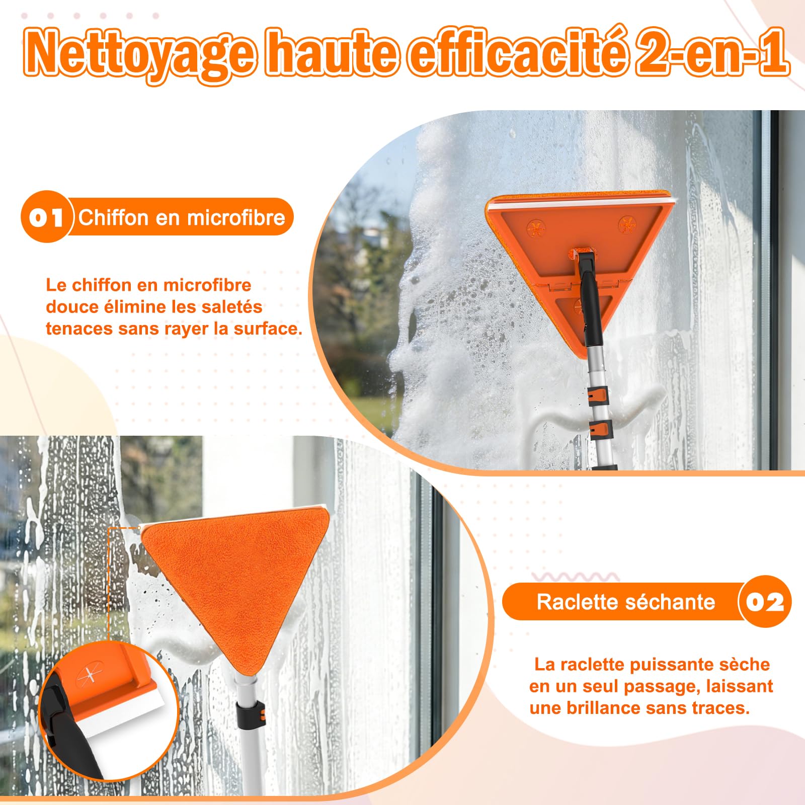 LAANPOLE Plumeau Poussiere avec 6m Perche Telescopique, Nettoyeur de Murs et Plafond, Tete de Loup de Ventilateur de Plafond, 2-en-1 Raclette Vitre Professionnel