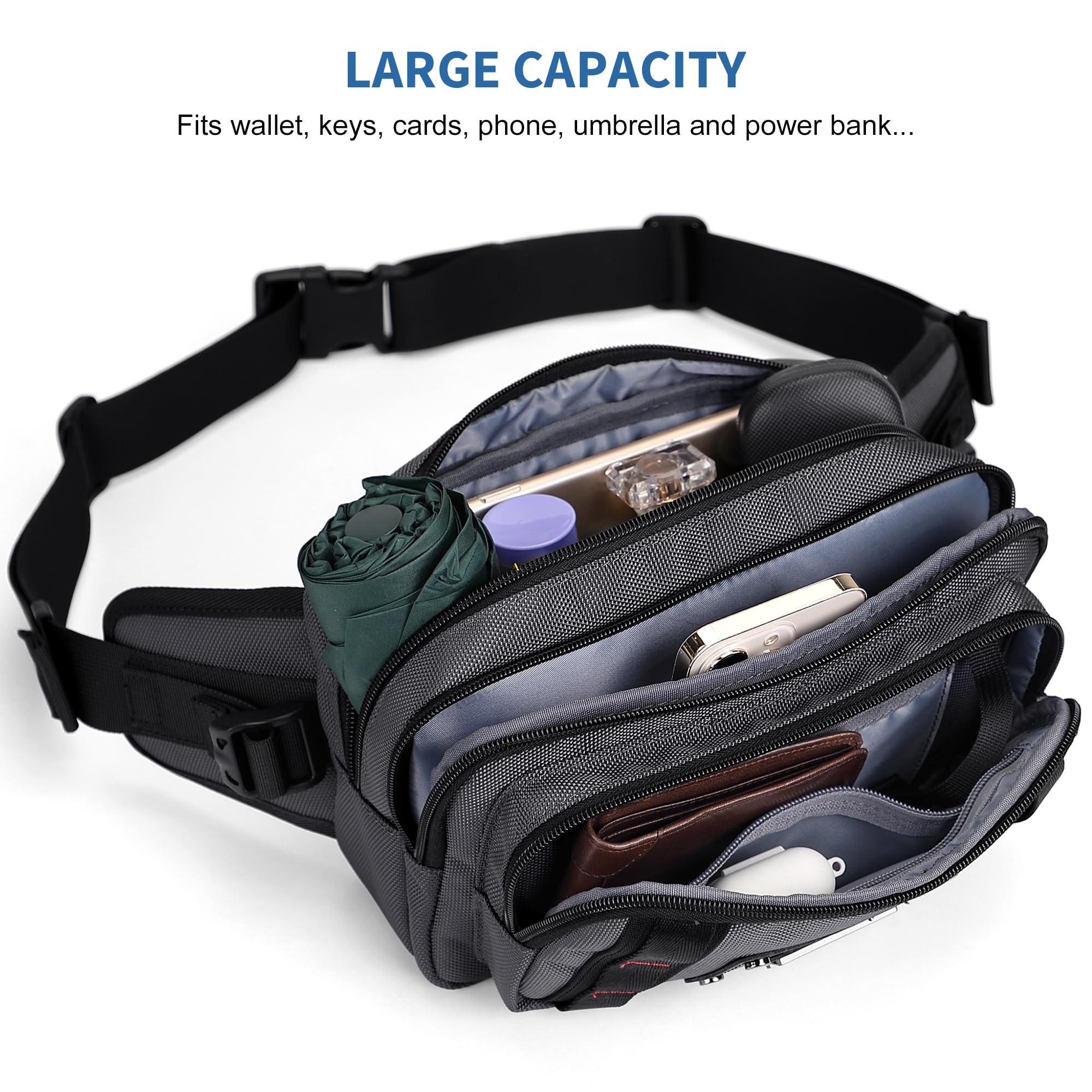 WITZMAN Sac Banane pour Homme, Sac Ceinture Décontracté Résistant À L’Eau | Sacoche 4L, Poche Anti-Vol Arrière, Compatible Grand Téléphone, Parfait Pour Voyage, Randonnée, Course , B732 Gris