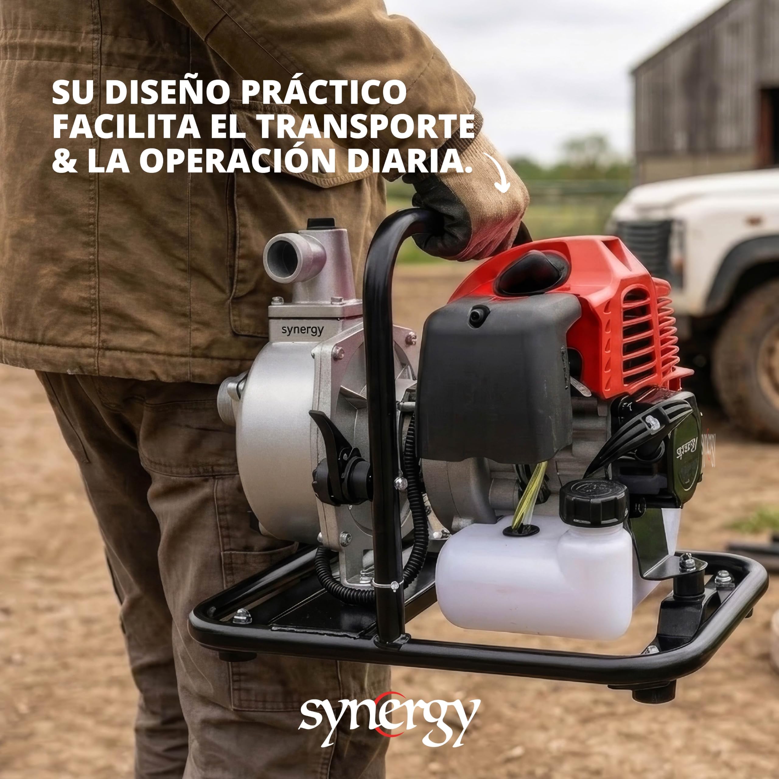 Synergy Motobomba de Gasolina Profesional 2T – Motor 52cc 1,95CV – Caudal 7.000L/h, Altura 24m, Succión 7m, Paso 25mm – Ligera, Compacta y Resistente – Ideal para Riego y Drenaje