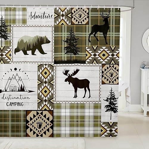 Miniatura 7 de Manfei Cortinas de ducha rústicas de cabaña para niños, cortinas de baño de aventura con ciervos y osos, cortinas impermeables para niños, niñas y