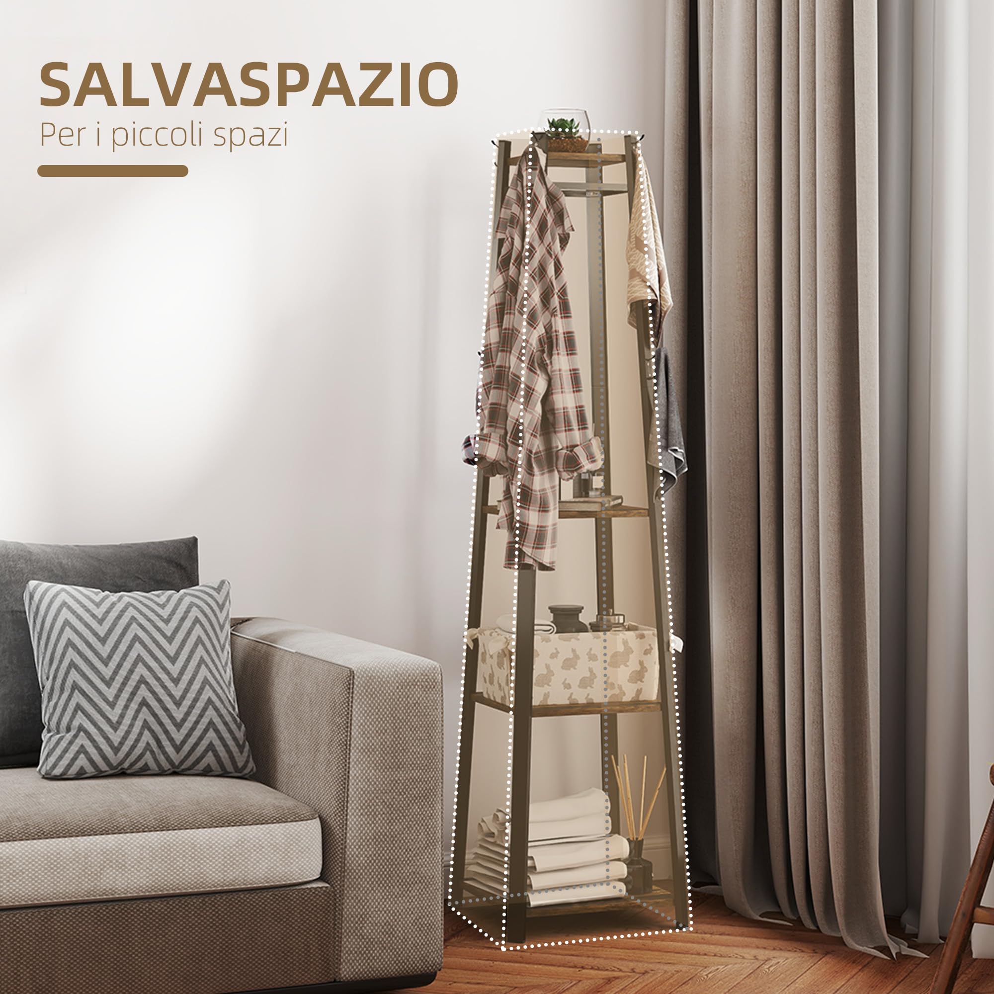 HOMCOM Appendiabiti da Terra con 8 Ganci, 3 Ripiani e Mensola Superiore, Attaccapanni Design a Trapezio per Ingresso, Camera da Letto e Salotto, 42x42x170 cm, Marrone Rustico