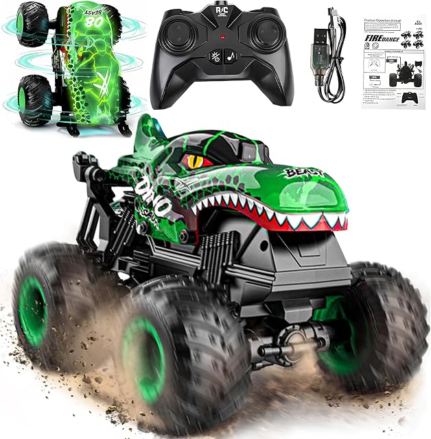 BEZGAR Monster Truck avec lumière et musique, Jouets de dinosaure Voiture RC, Jouets de Monster Truck à l'échelle 1:20 avec rotations à 360° et dérapages, Voiture télécommandée pour enfants (Vert)