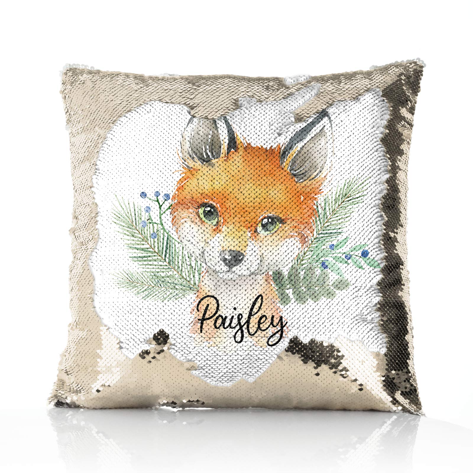 Hairyworm Personalised Cushion, Champagne, Silver, Blue, Red or Gold Squin Flip Square Cushion Customised with Initial/Name/Text, Red Fox Blue Berries Design, Square Pillow โ image 1