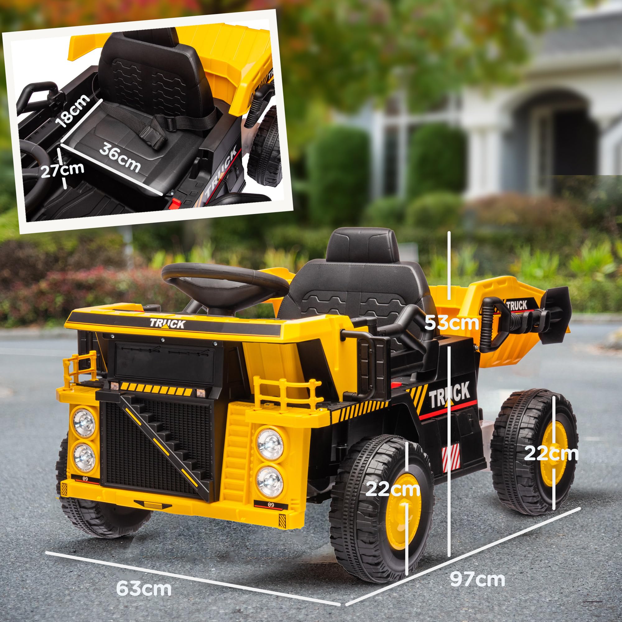 AIYAPLAY Elektrischer Traktor mit Schaufel, 12 V, für 3-5 Jahre, Gelb | Kinder Aufsitztraktor, Selbstfahrend, Kinder Elektroauto mit MP3 Funktion, Kinderfahrzeug mit Scheinwerfer, 3-6 km/h