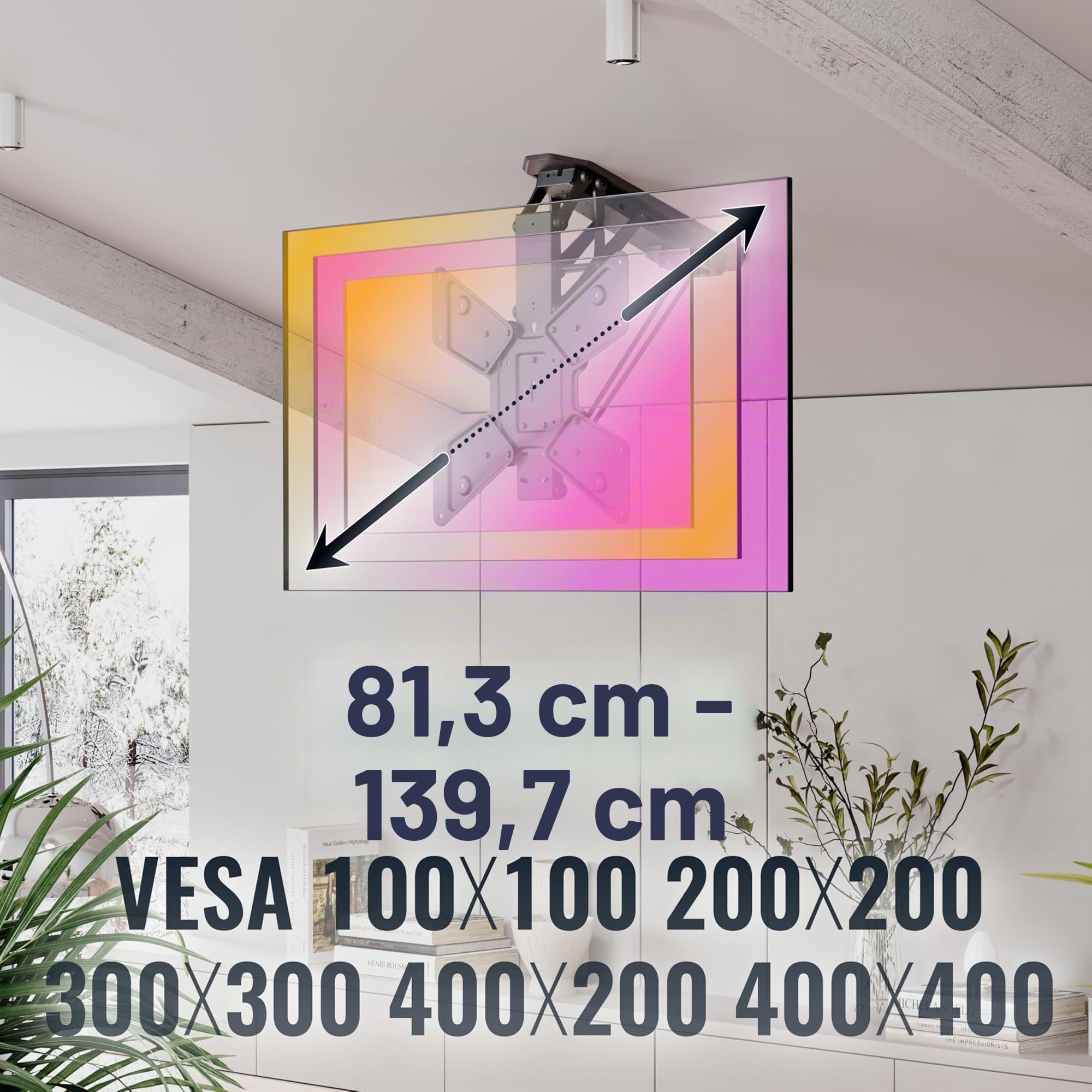 RICOO SE0544 - Soporte de Techo para televisores de 23 a 55 Pulgadas (Plegable, eléctrico, hasta 30 kg, VESA máx. 400 x 400 mm)