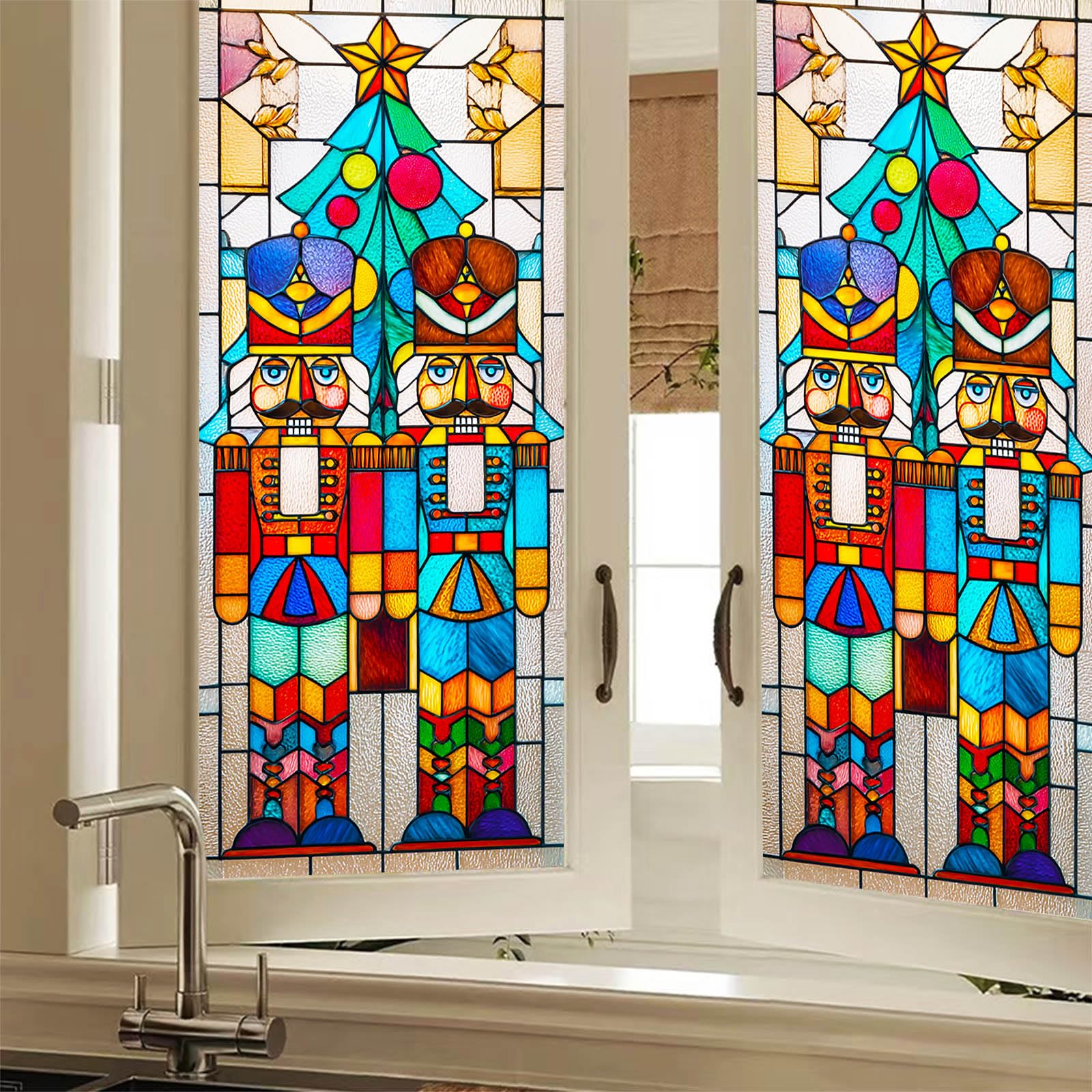 Hometitute Colorful#3 Nutcracker Soldiers Stained Glass Window Privacy Film Christmas Decorative Static Cling Glass Sticker For Home Office Bathroom Bedroom Living Room 17.7 X 39.3 Inch