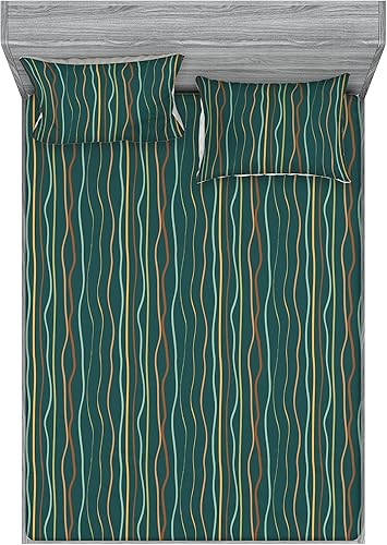 Miniatura 59 de Ambesonne Geometric Fitted Sheet & Pillow Sham Set, Minimalist Vibe Retro Pattern of Waves and Circles Scandinavian, Decorative Printed 3 Piece Pale