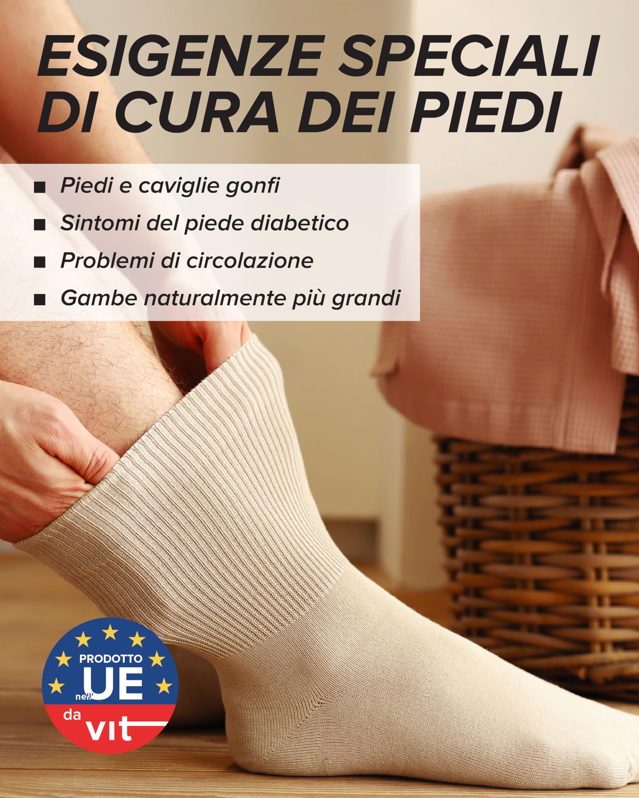 vitsocks Calzini per Diabetici Extra Larghi senza Elastico Uomo (3 PAIA) calze sanitarie piedi gonfi cotone morbido 39 42 43 46 47 50